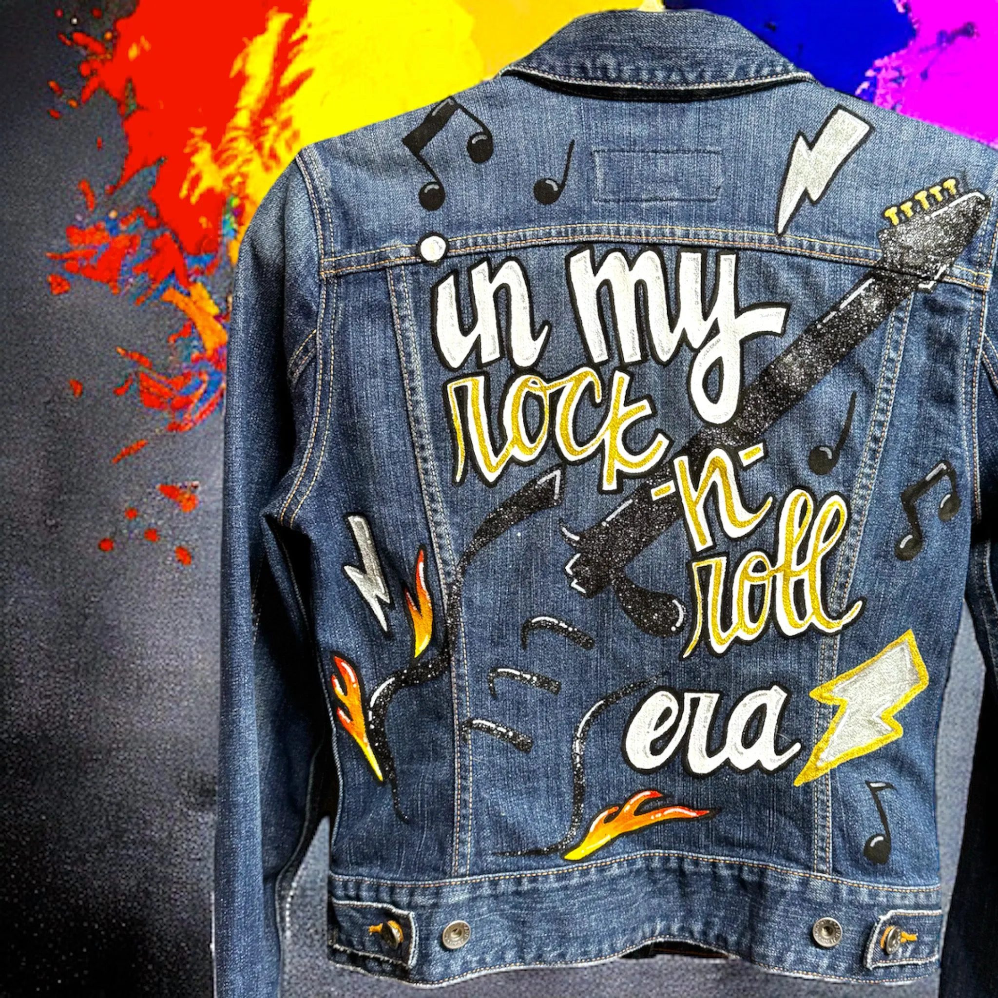 Hand Painted Jean Jacket: “In My Rock-n-Roll Era”  - Eras Tour, Mardi Gras, Jazz Feat, New Orleans, Music Concert, Festival, Parade Outfit