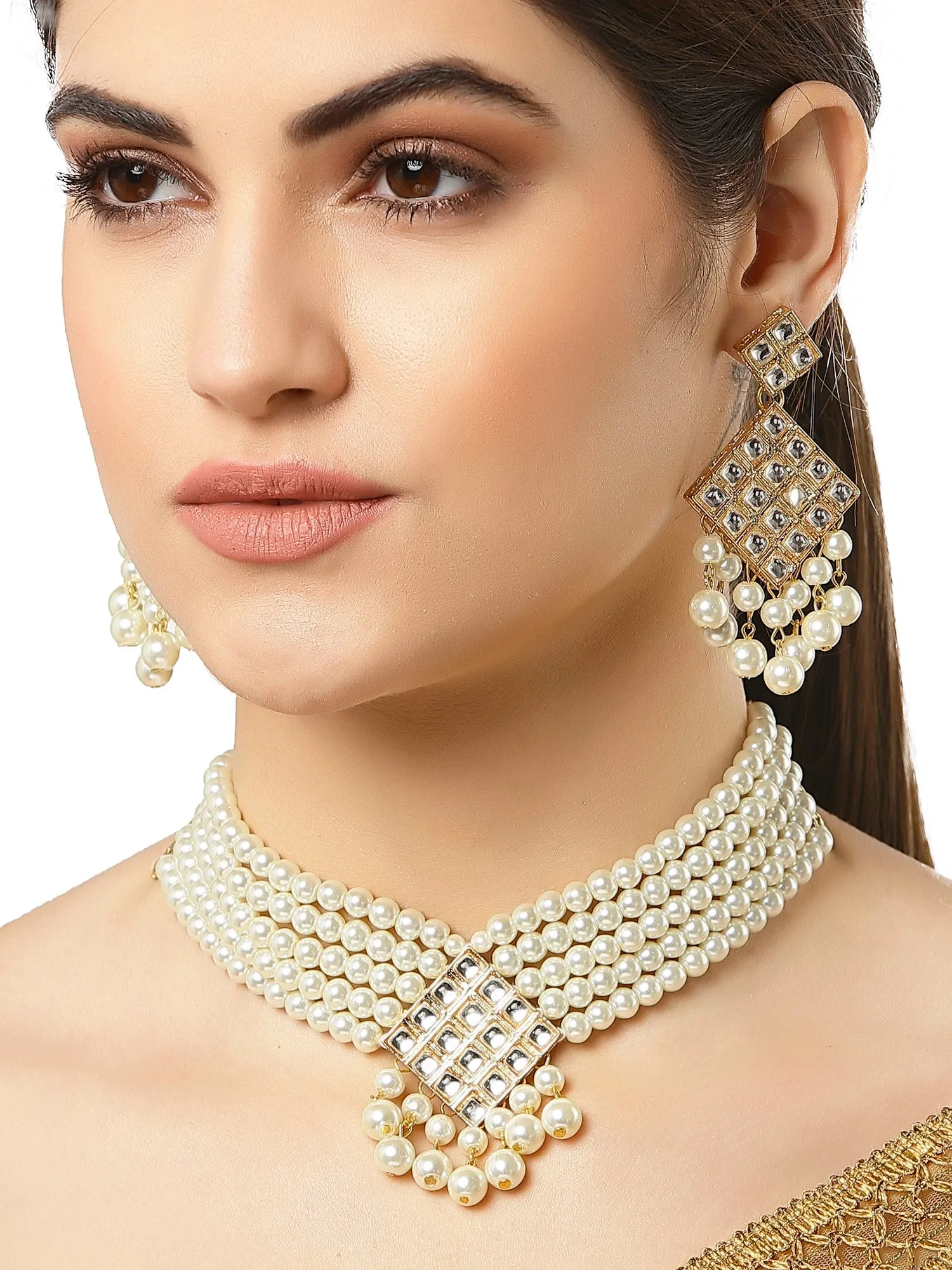 Handcrafted Pearl Beads Gold Plated Kundan Choker Necklace Set