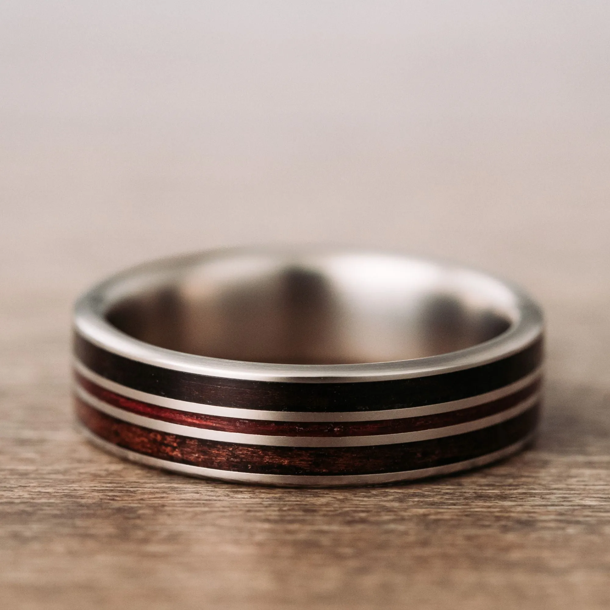 (In-Stock) Custom Titanium Wedding Band with Rosewood, Purpleheart Wood, & Antique Walnut - Size 12.25 | 7mm Wide