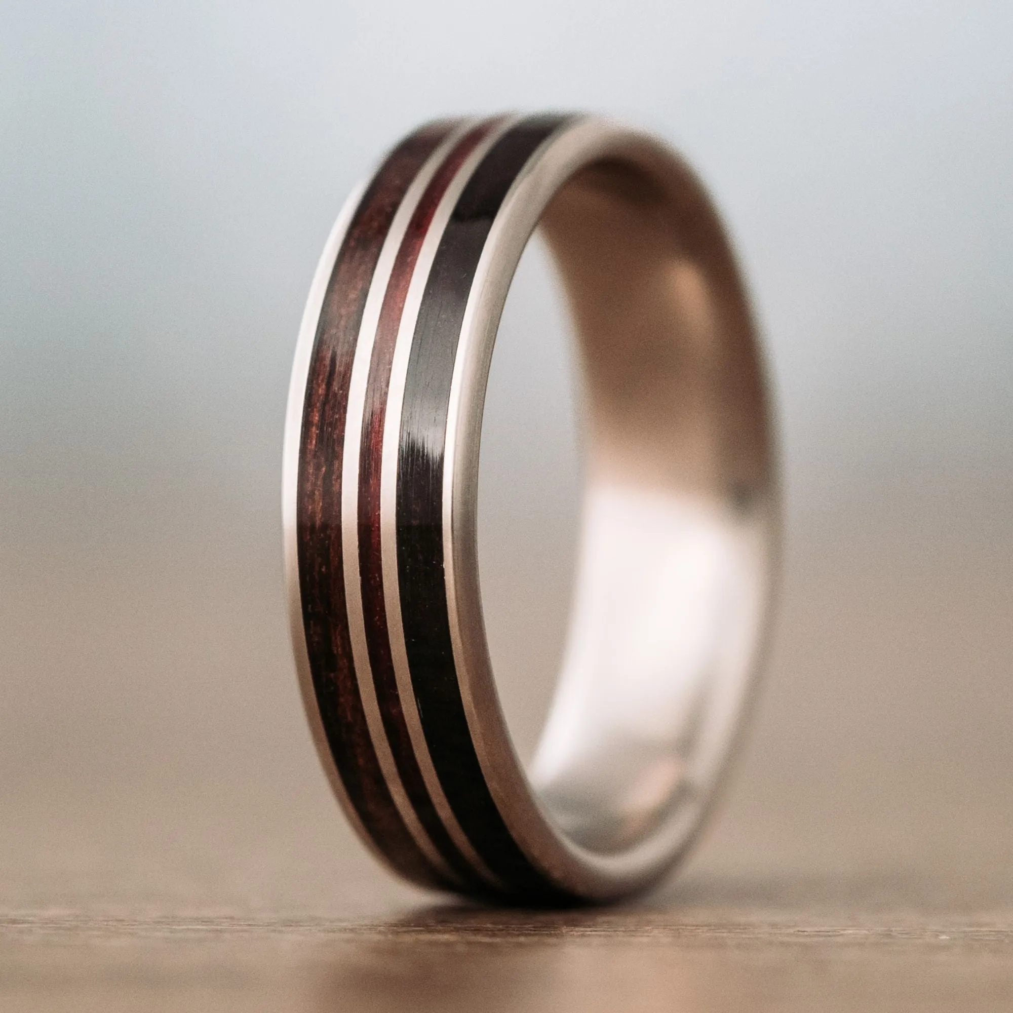 (In-Stock) Custom Titanium Wedding Band with Rosewood, Purpleheart Wood, & Antique Walnut - Size 12.25 | 7mm Wide