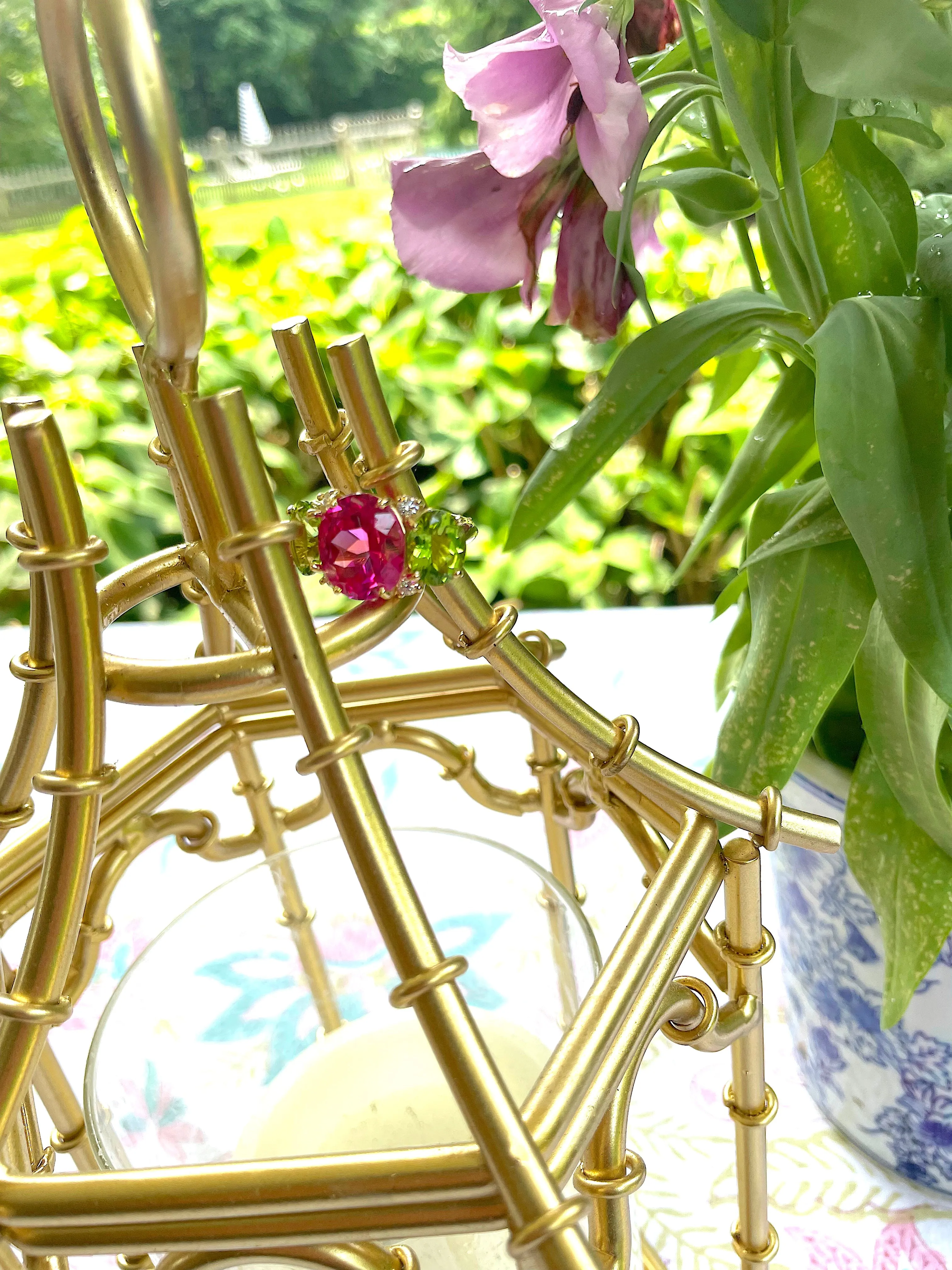 Large GUM DROP™ Ring with Pink Topaz Peridot and Diamonds