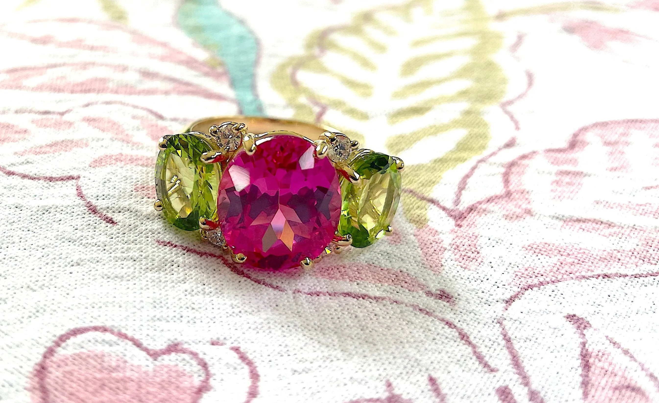 Large GUM DROP™ Ring with Pink Topaz Peridot and Diamonds