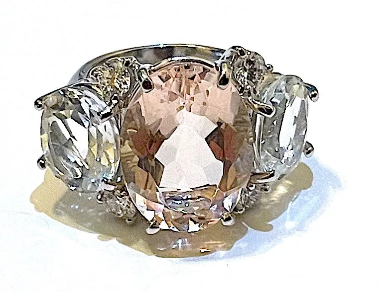 Large Platinum GUM DROP™  Ring with Morganite and Rock Crystal and Diamonds