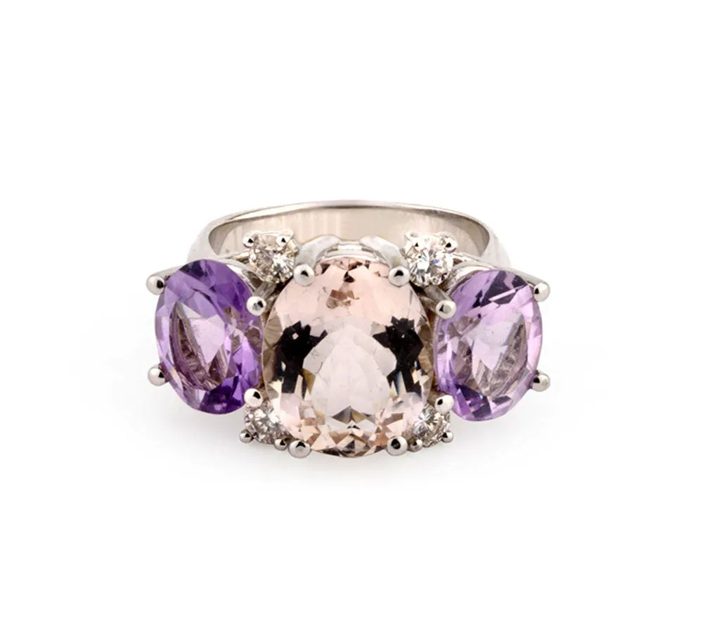 Large Platinum GUM DROP™  Ring with Morganite and Rock Crystal and Diamonds