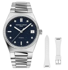 Limited Edition Frederique Constant Highlife Sparkling Automatic Stainless Steel Blue Dial Diamonds Interchangeable White Rubber Strap Date Womens Watch FC-303NSD2NHD6B