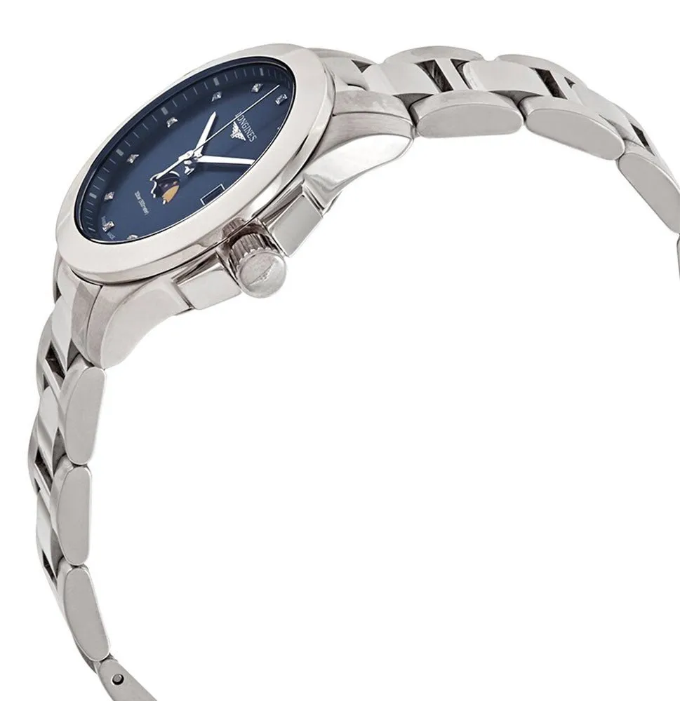 Longines Conquest Stainless Steel Blue Dial Diamonds Date Moonphase Quartz Womens Watch L3.381.4.97.6