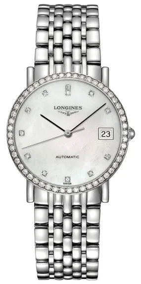 Longines Elegant Automatic Stainless Steel Mother-Of-Pearl Dial Diamonds Date Womens Watch L4.809.0.87.6