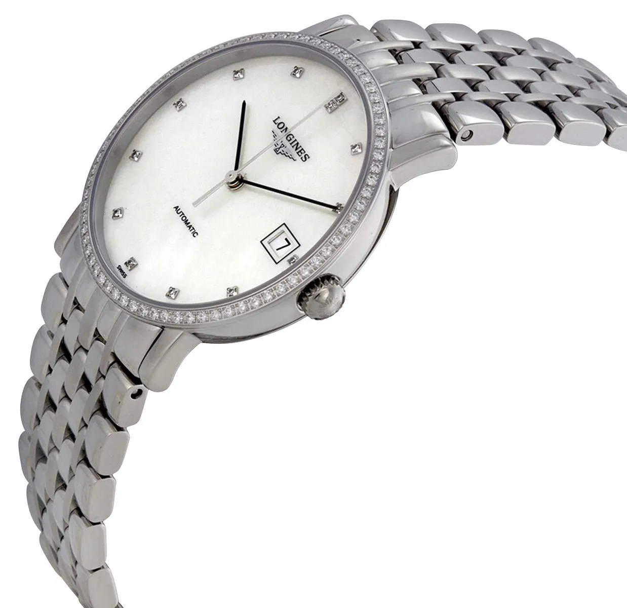 Longines Elegant Automatic Stainless Steel Mother-Of-Pearl Dial Diamonds Date Womens Watch L4.809.0.87.6