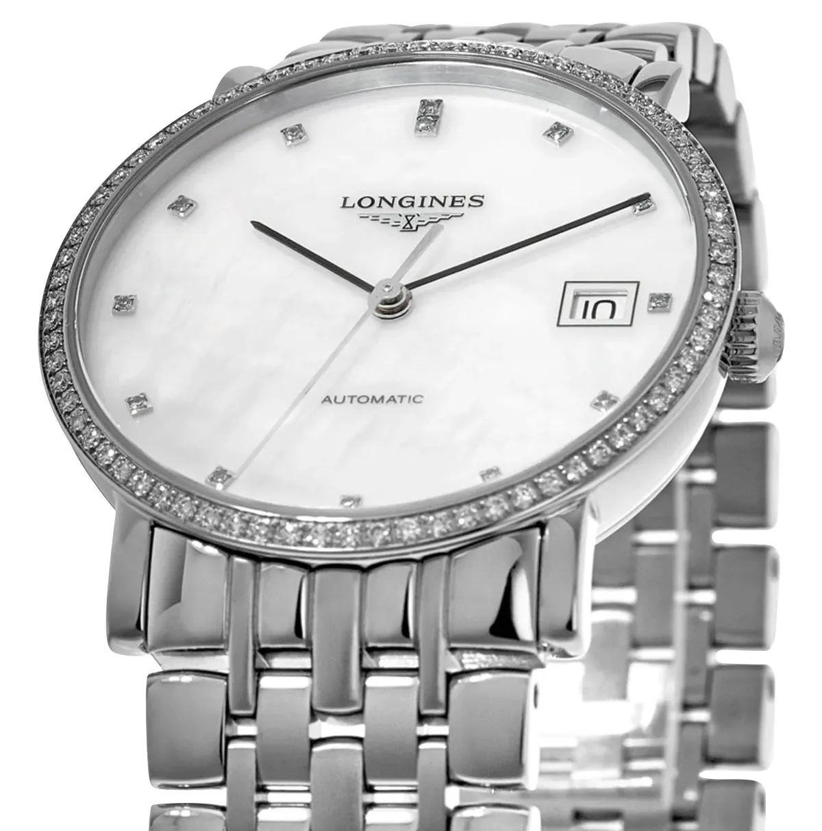 Longines Elegant Automatic Stainless Steel Mother-Of-Pearl Dial Diamonds Date Womens Watch L4.809.0.87.6