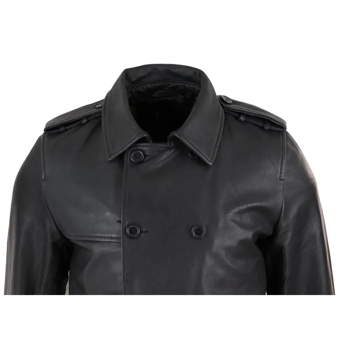 Mens Black 3/4 Trench Coat Real Leather Belted Jacket Classic Soft Napa Classic