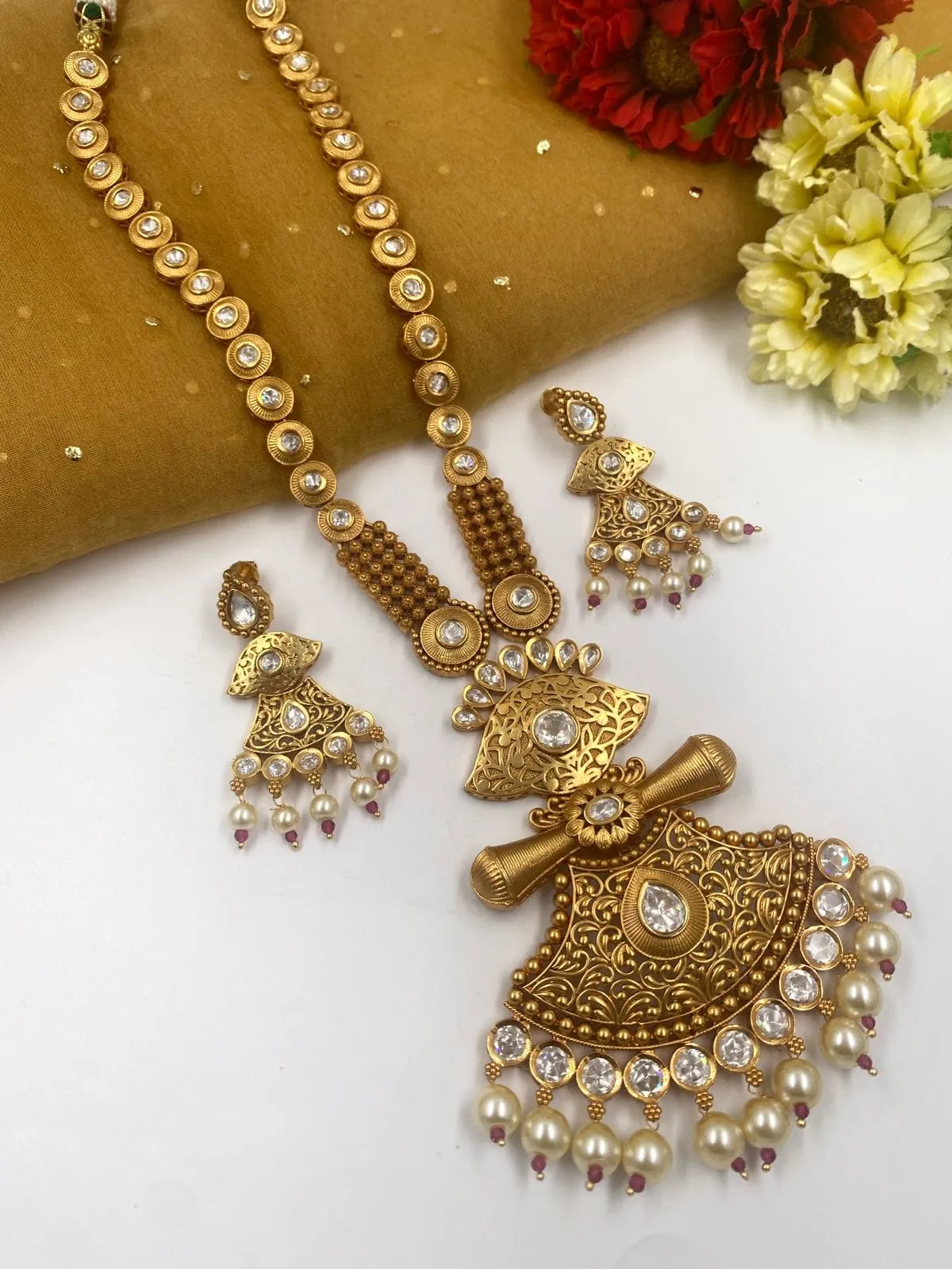 Modern Look Studded Kundan Stones Long Golden Necklace Set By Gehna Shop