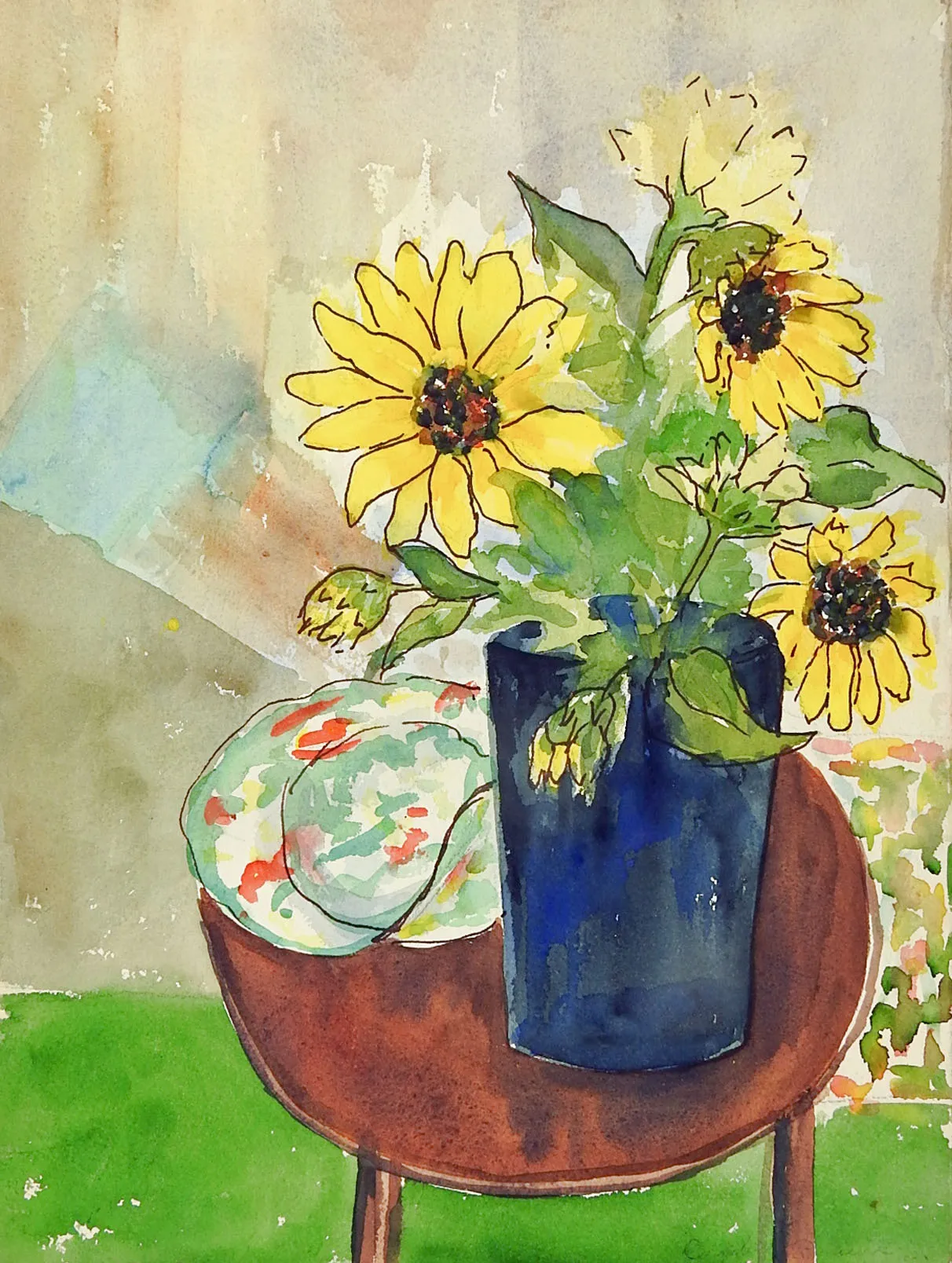 Modernist Sunflower Still Life 2 Sided Watercolor Painting