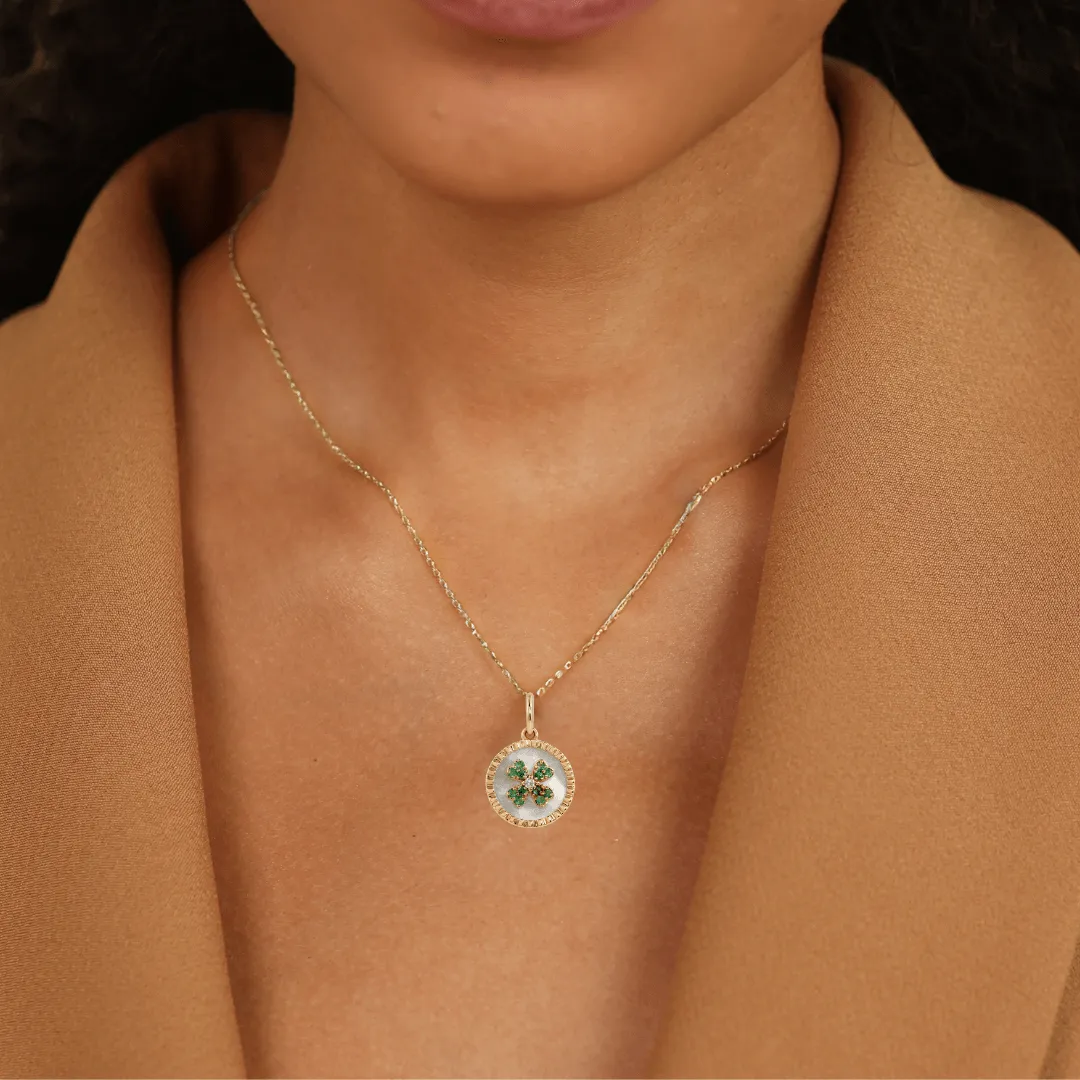 Mother of Pearl Clover Emerald Pendant Necklace