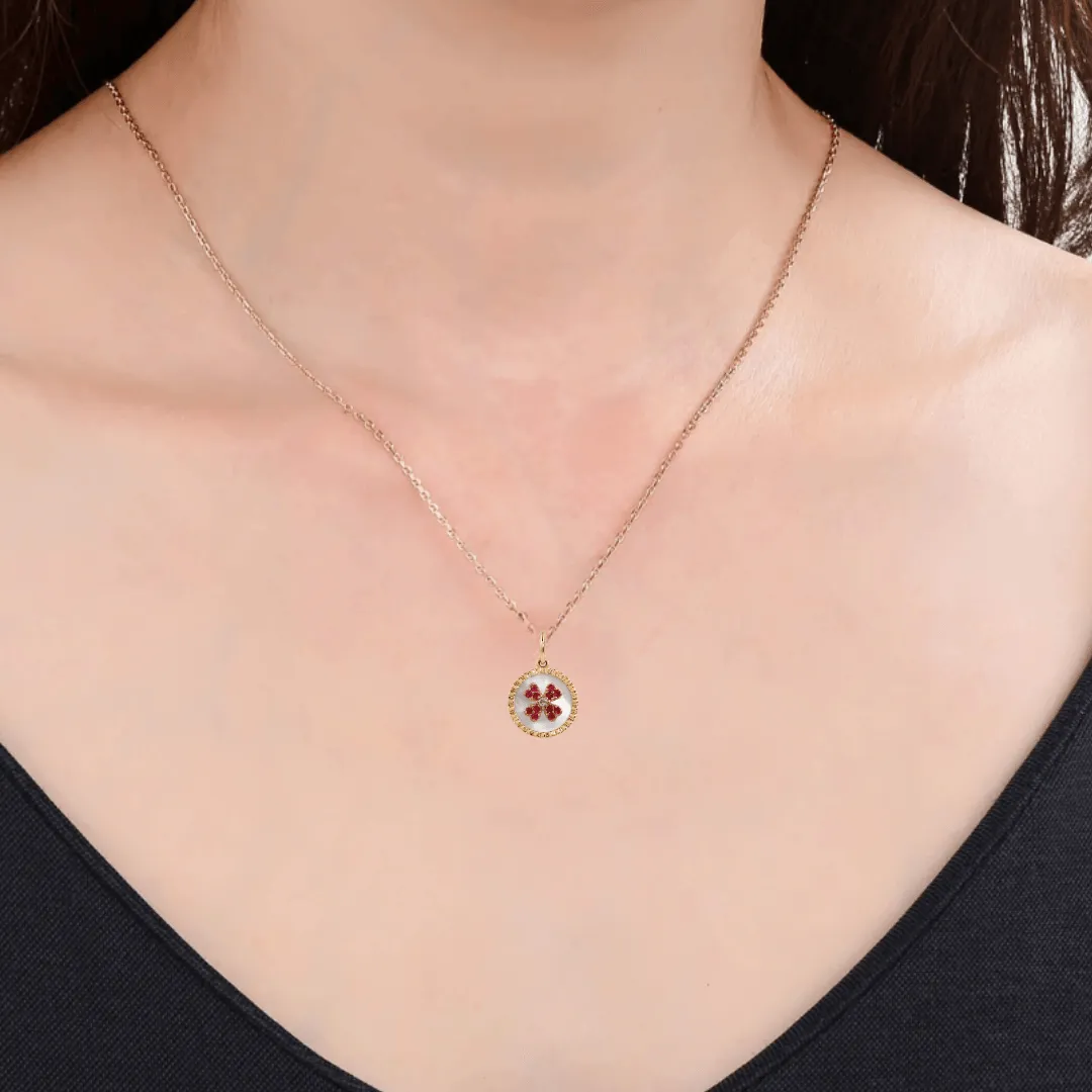 Mother of Pearl Ruby Clover Pendant Necklace