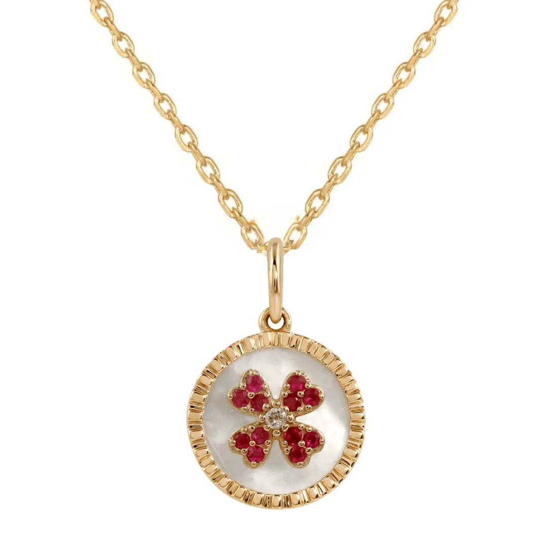 Mother of Pearl Ruby Clover Pendant Necklace