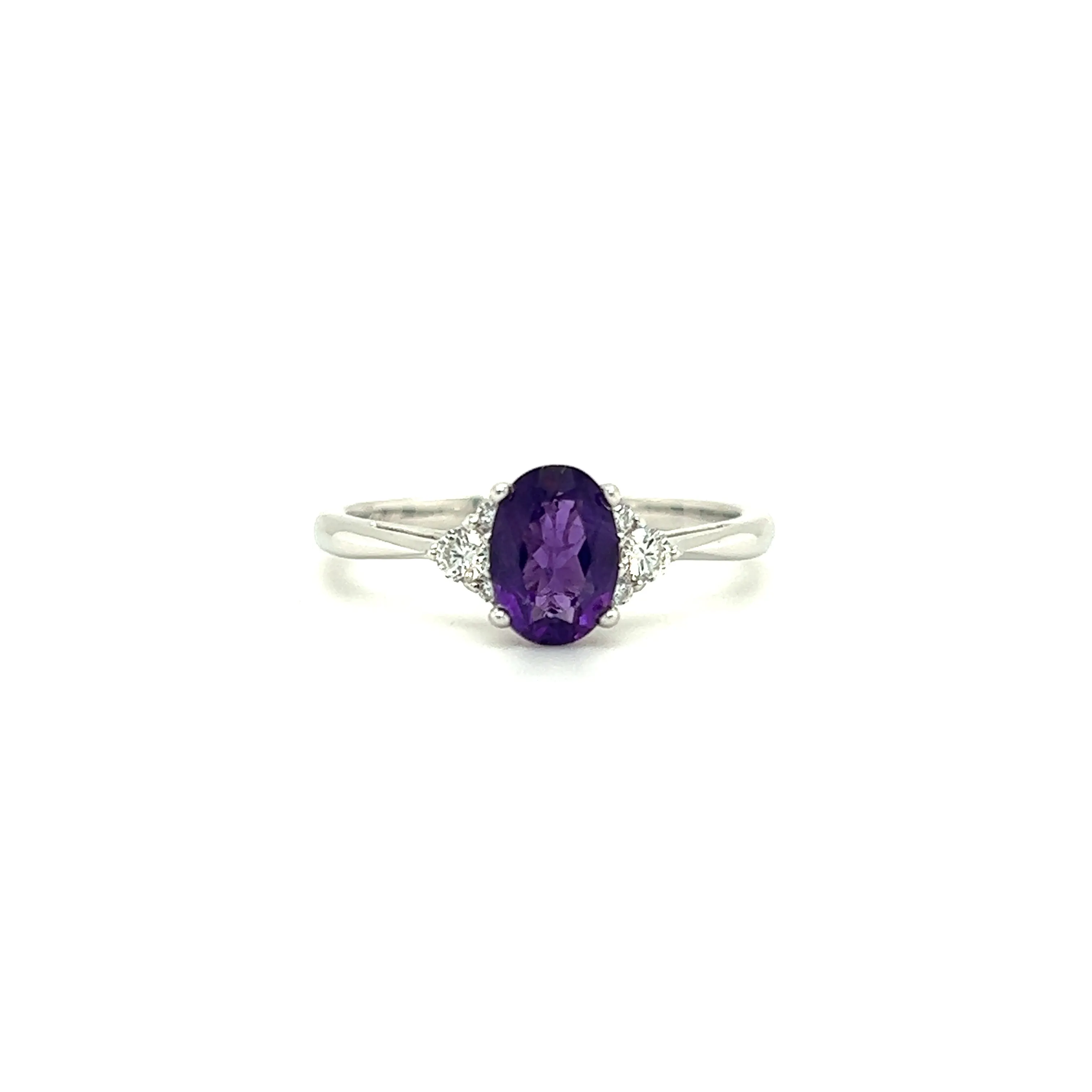 Oval Amethyst Ring with Six Side Diamonds in 14K White Gold