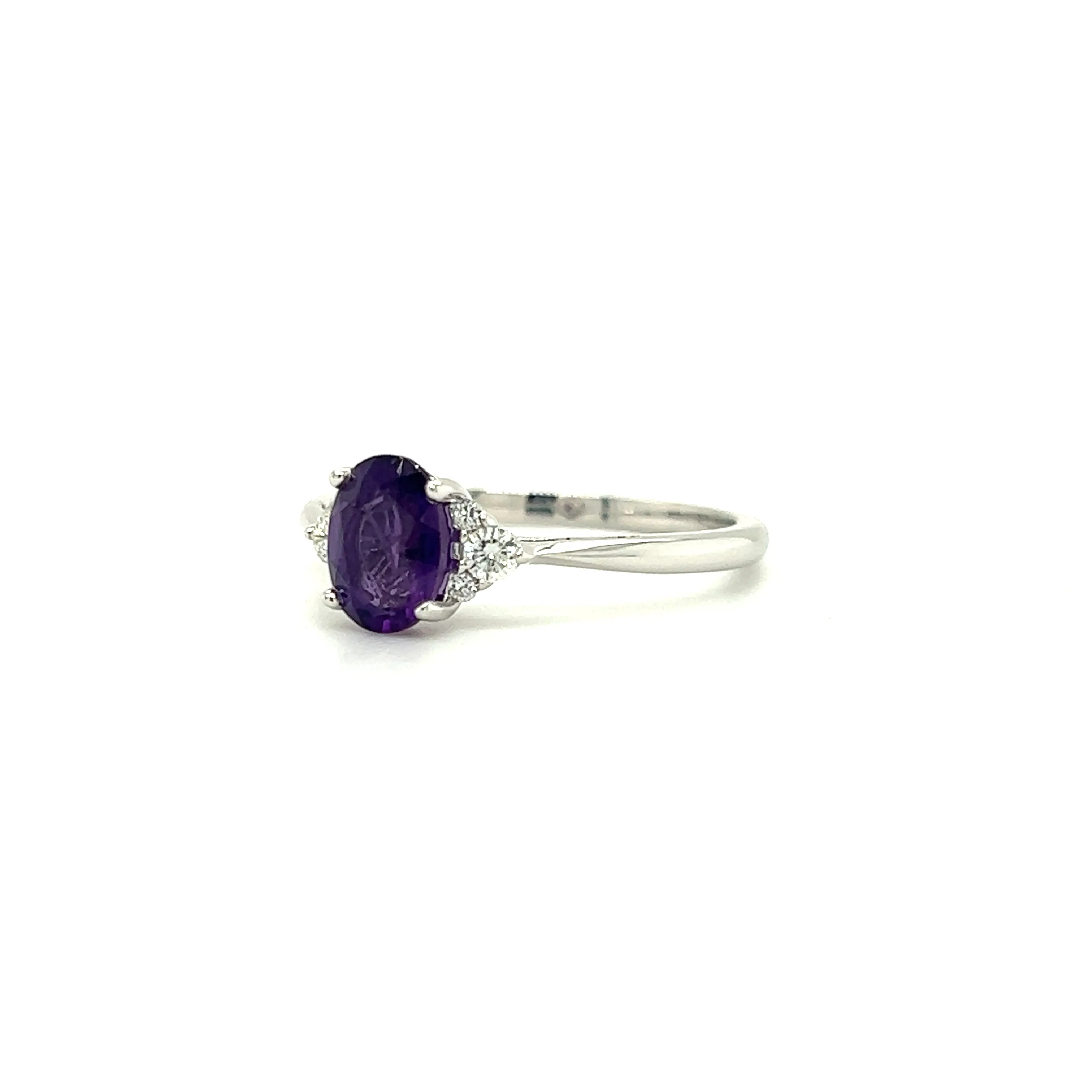 Oval Amethyst Ring with Six Side Diamonds in 14K White Gold