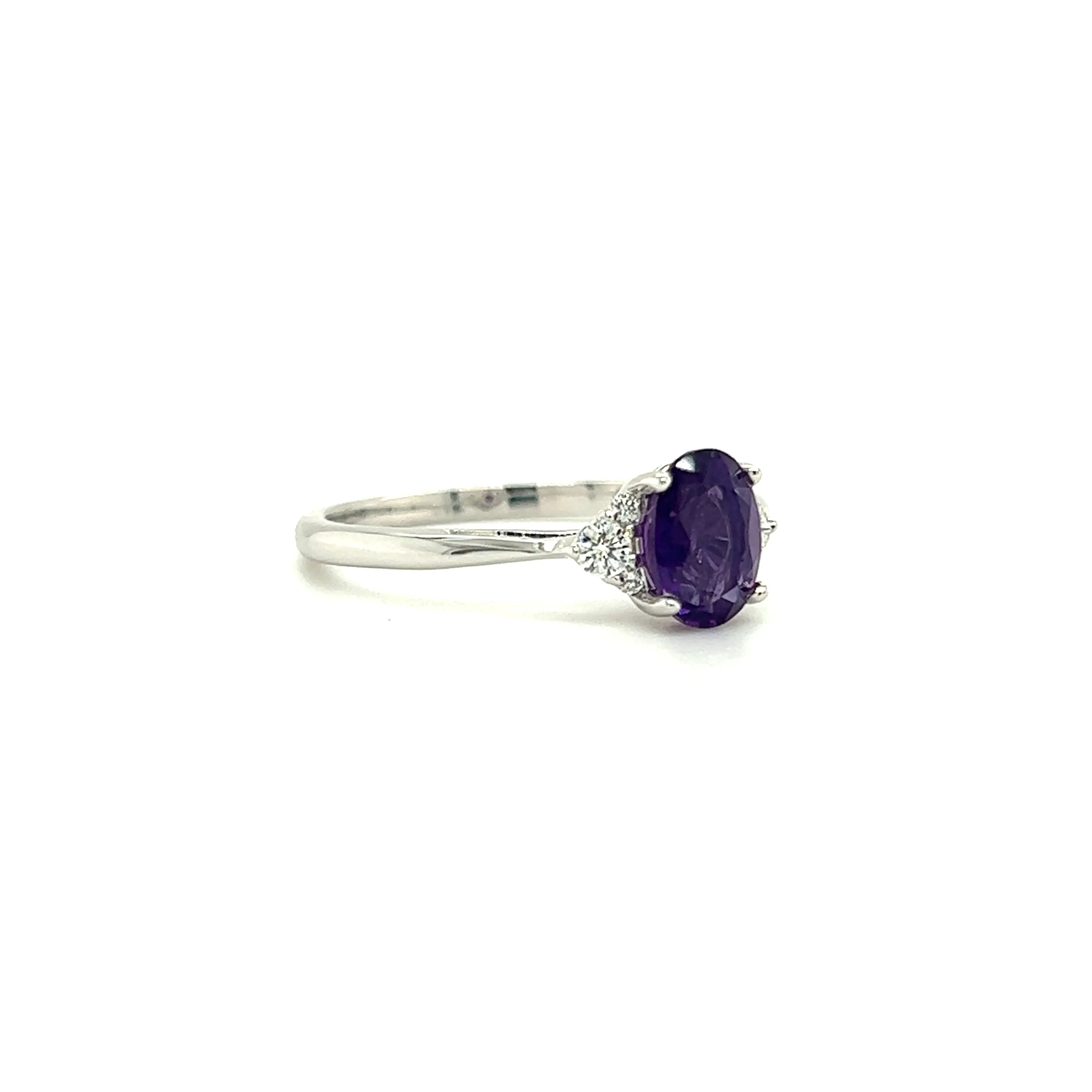 Oval Amethyst Ring with Six Side Diamonds in 14K White Gold