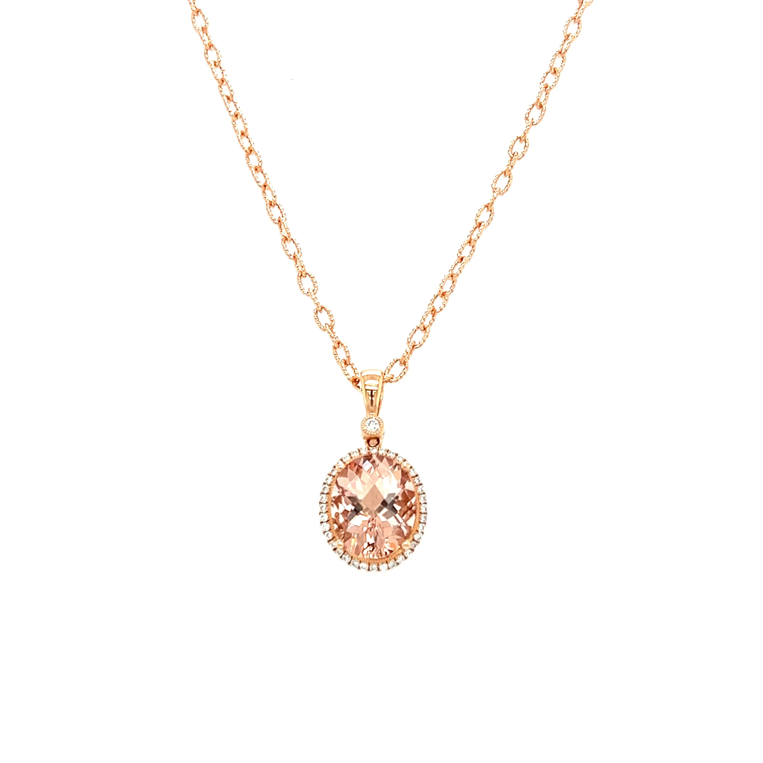 Oval Morganite Necklace with Diamond Halo in 14K Rose Gold