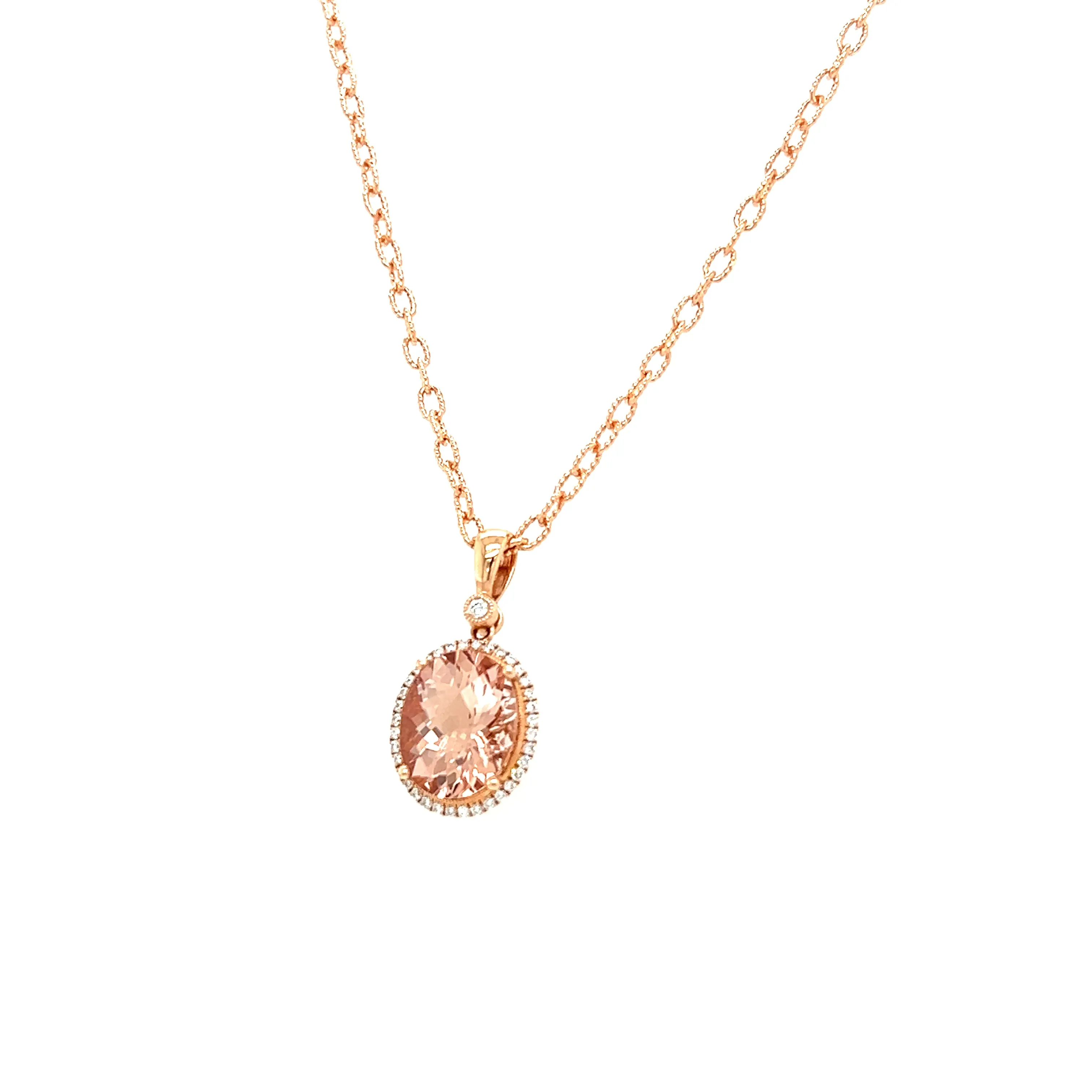 Oval Morganite Necklace with Diamond Halo in 14K Rose Gold