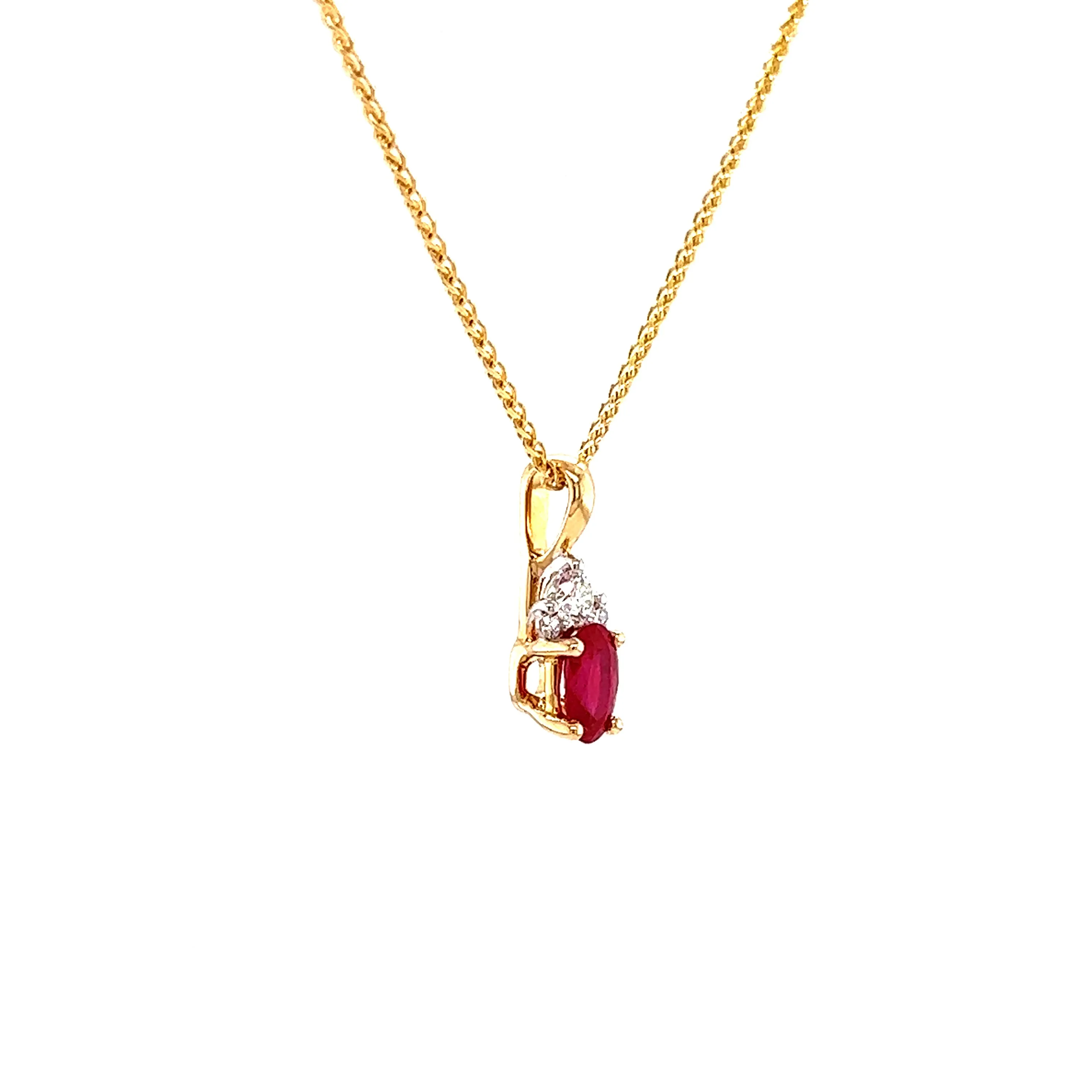 Oval Ruby Pendant with Three Accent Diamonds in 14K Yellow Gold