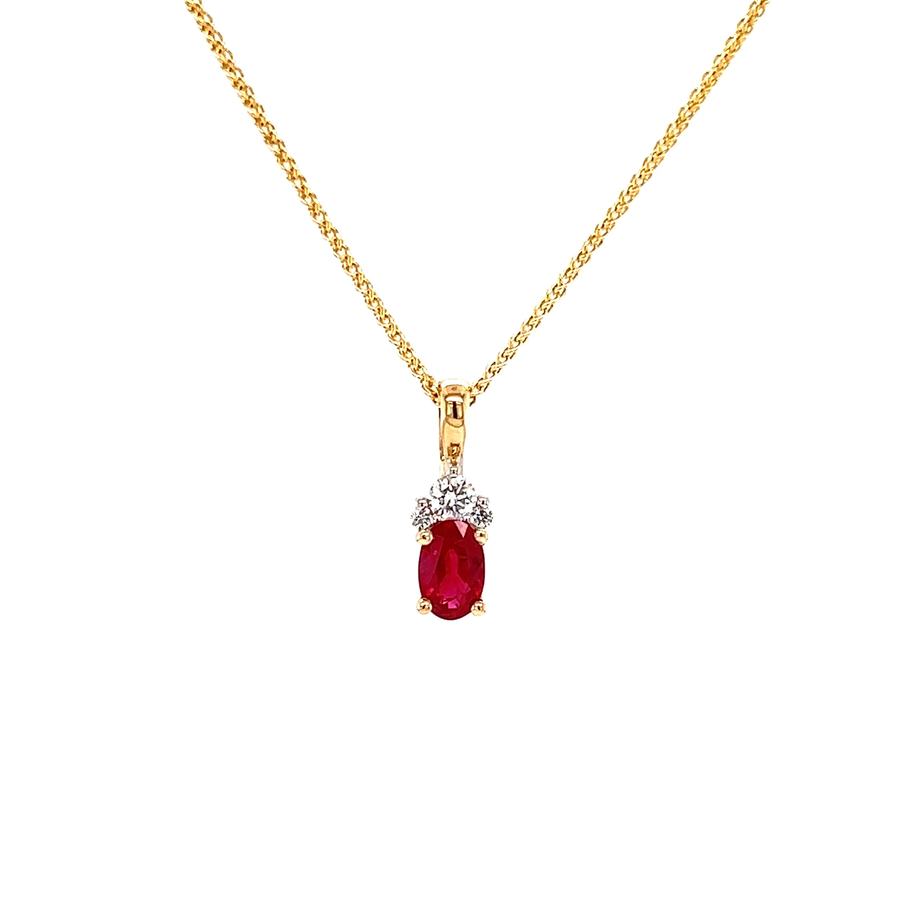 Oval Ruby Pendant with Three Accent Diamonds in 14K Yellow Gold