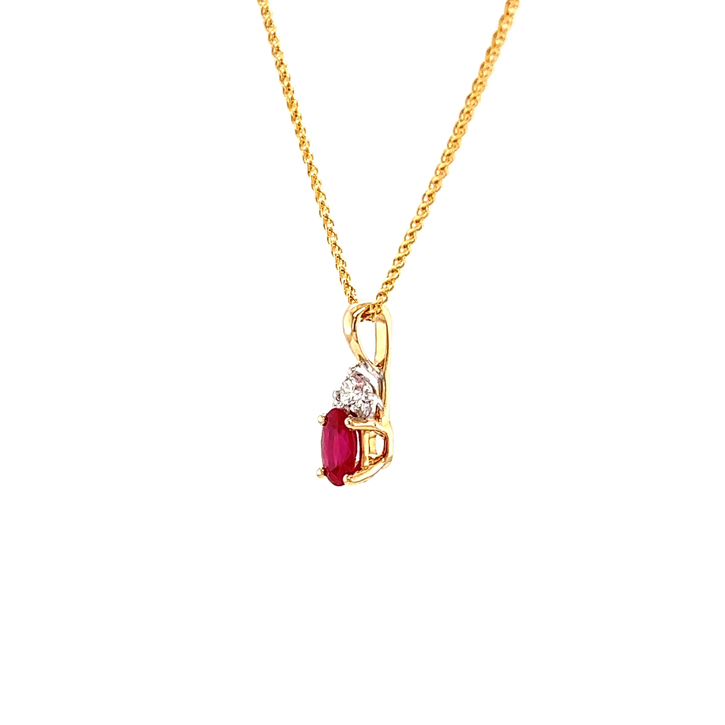 Oval Ruby Pendant with Three Accent Diamonds in 14K Yellow Gold