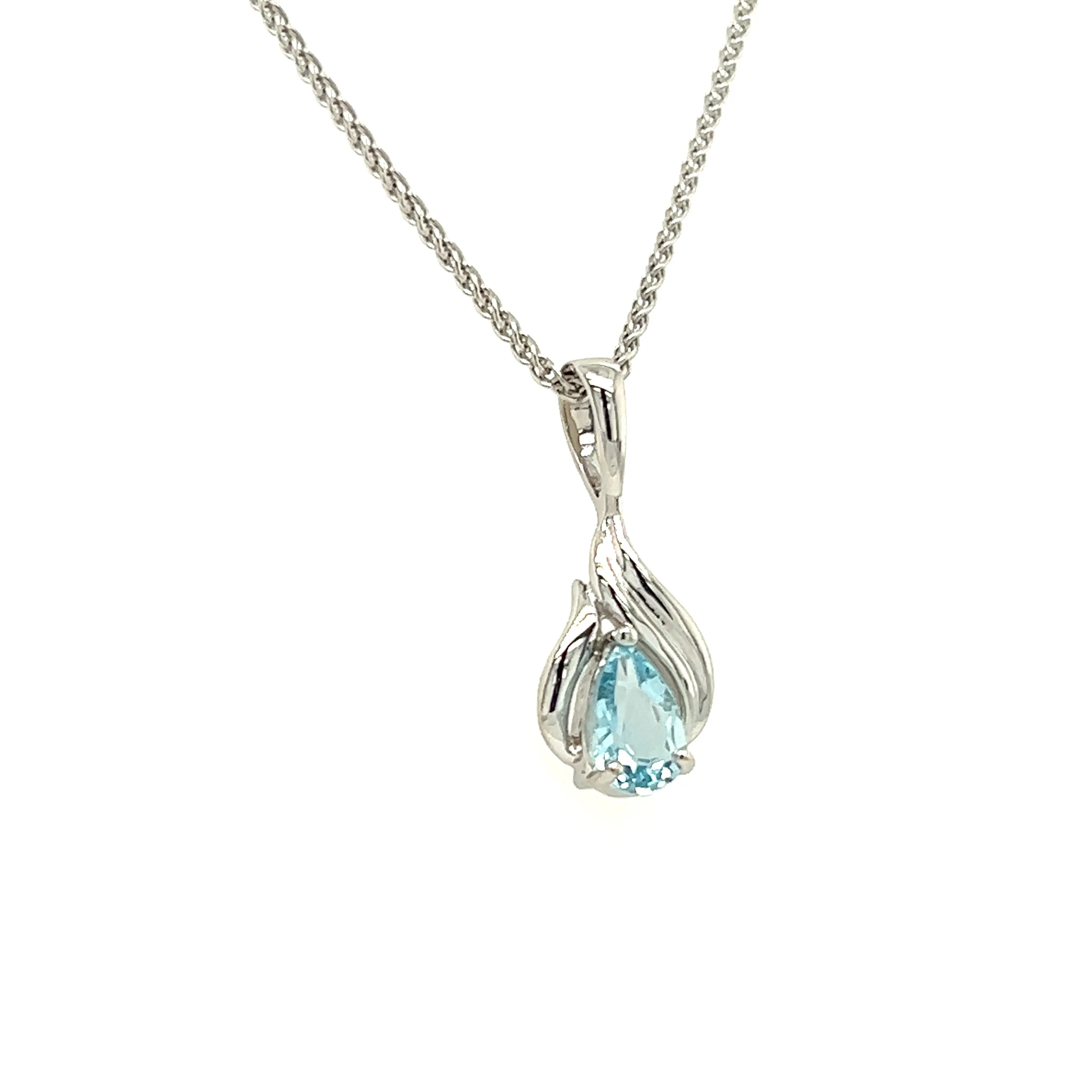 Pear Aquamarine Pendant with Flame Motif in 14K White Gold