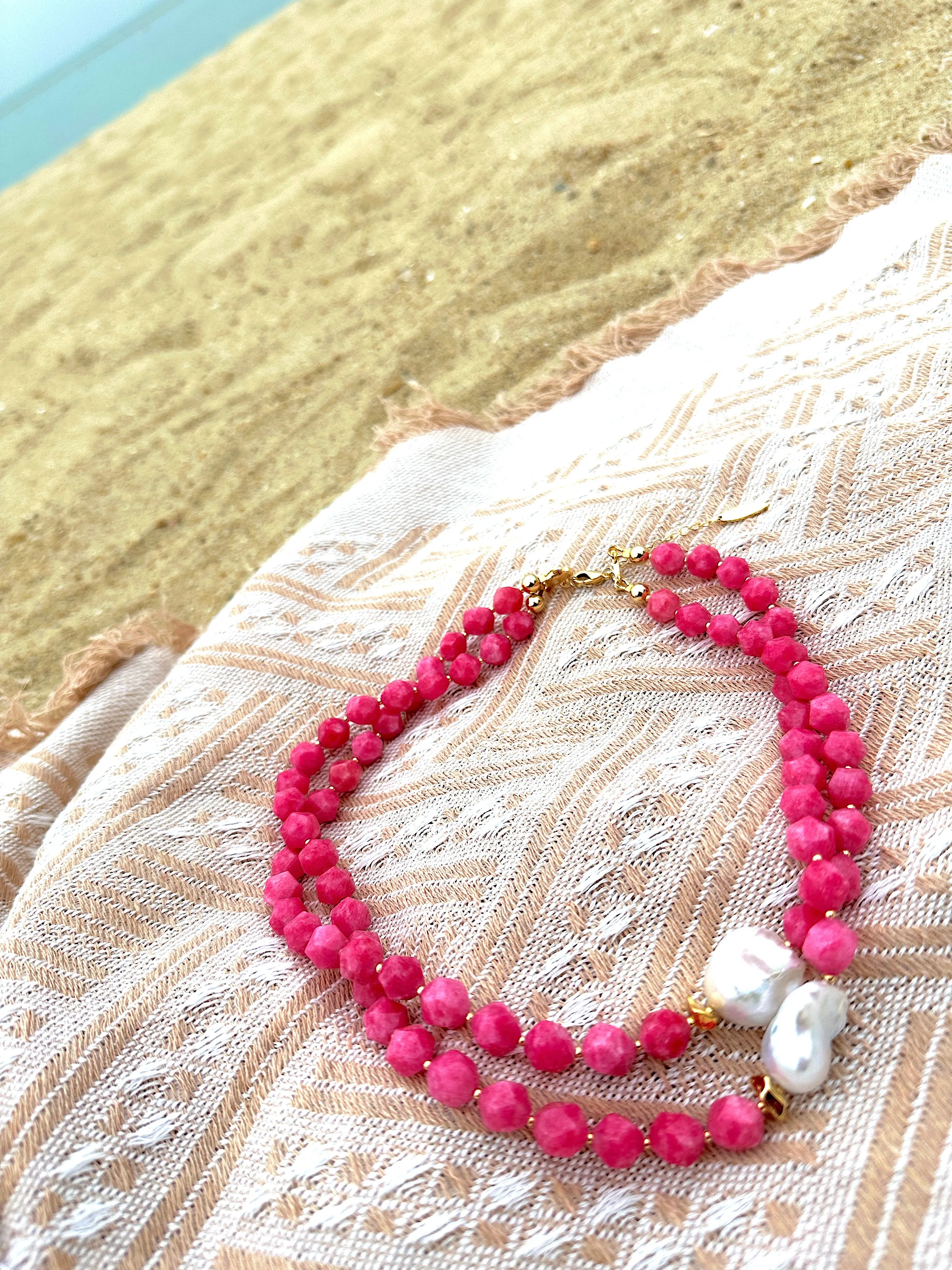 Pink Gemstone With Baroque Pearls Double Layers Necklace LN004