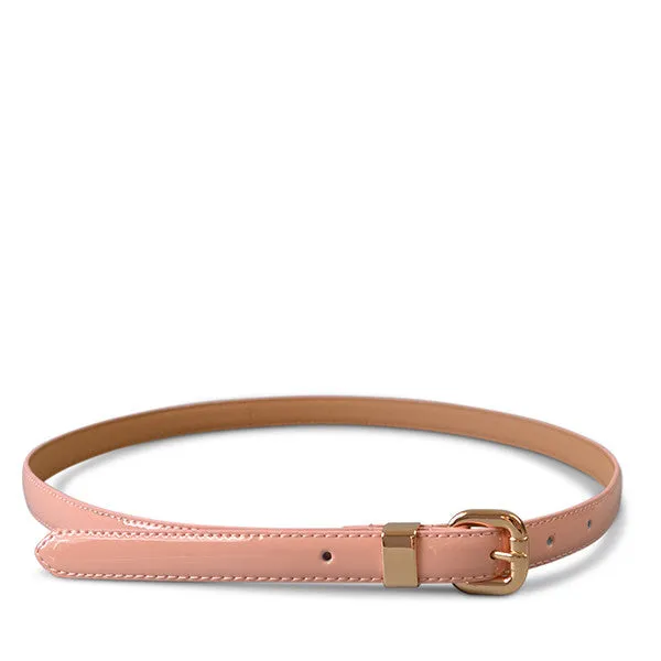 Queens Park |  Women's Skinny Pink Patent Leather Belt with Gold Buckle