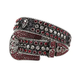 Rhinestone Skull Buckle Black Strap With Red & Crystal Studded Belt