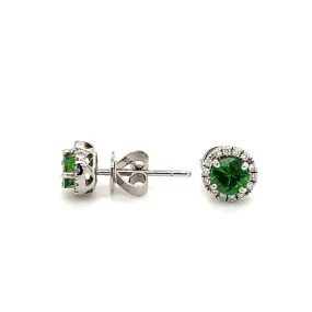 Round Tsavorite Stud Earrings with Diamonds Halo in 14K White Gold