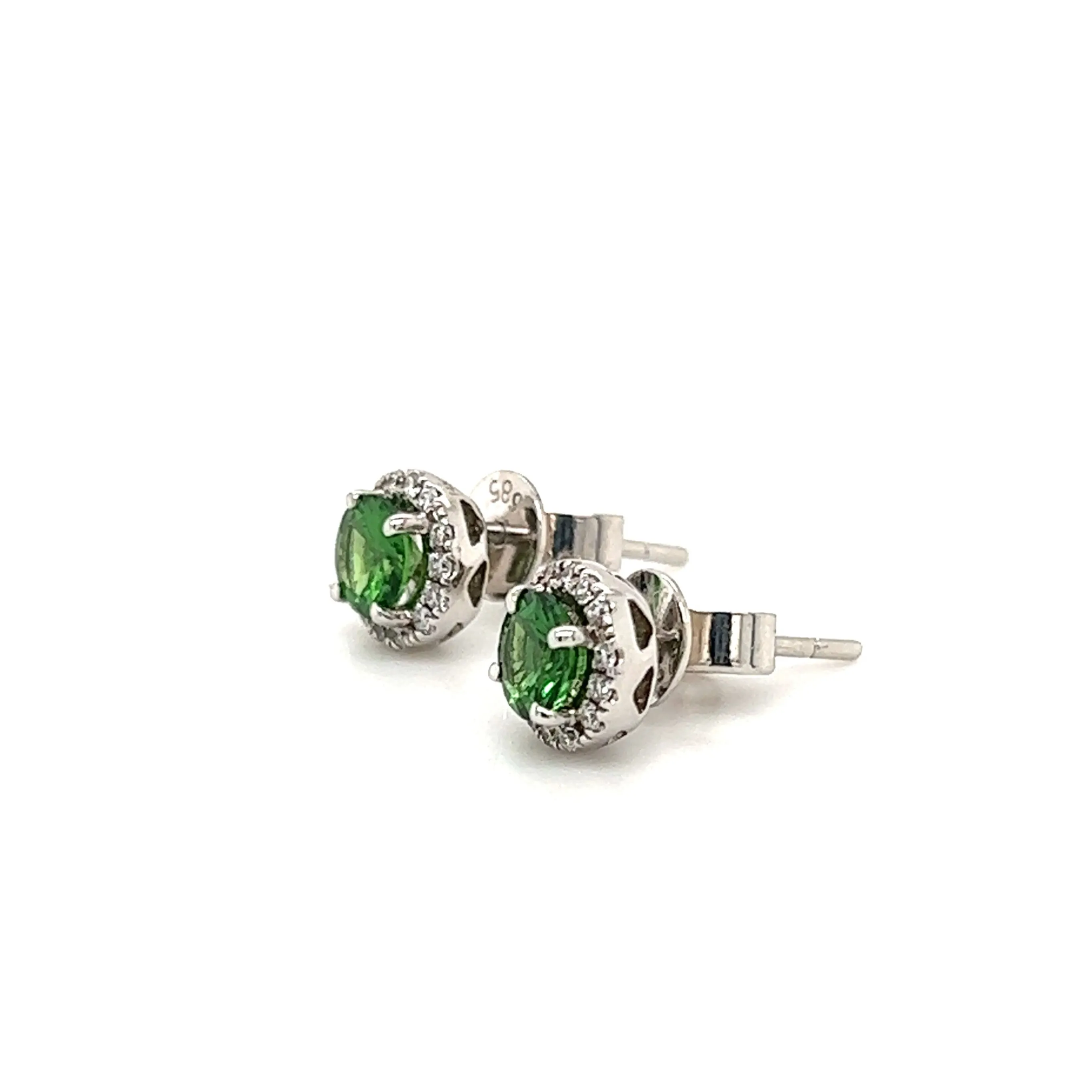 Round Tsavorite Stud Earrings with Diamonds Halo in 14K White Gold