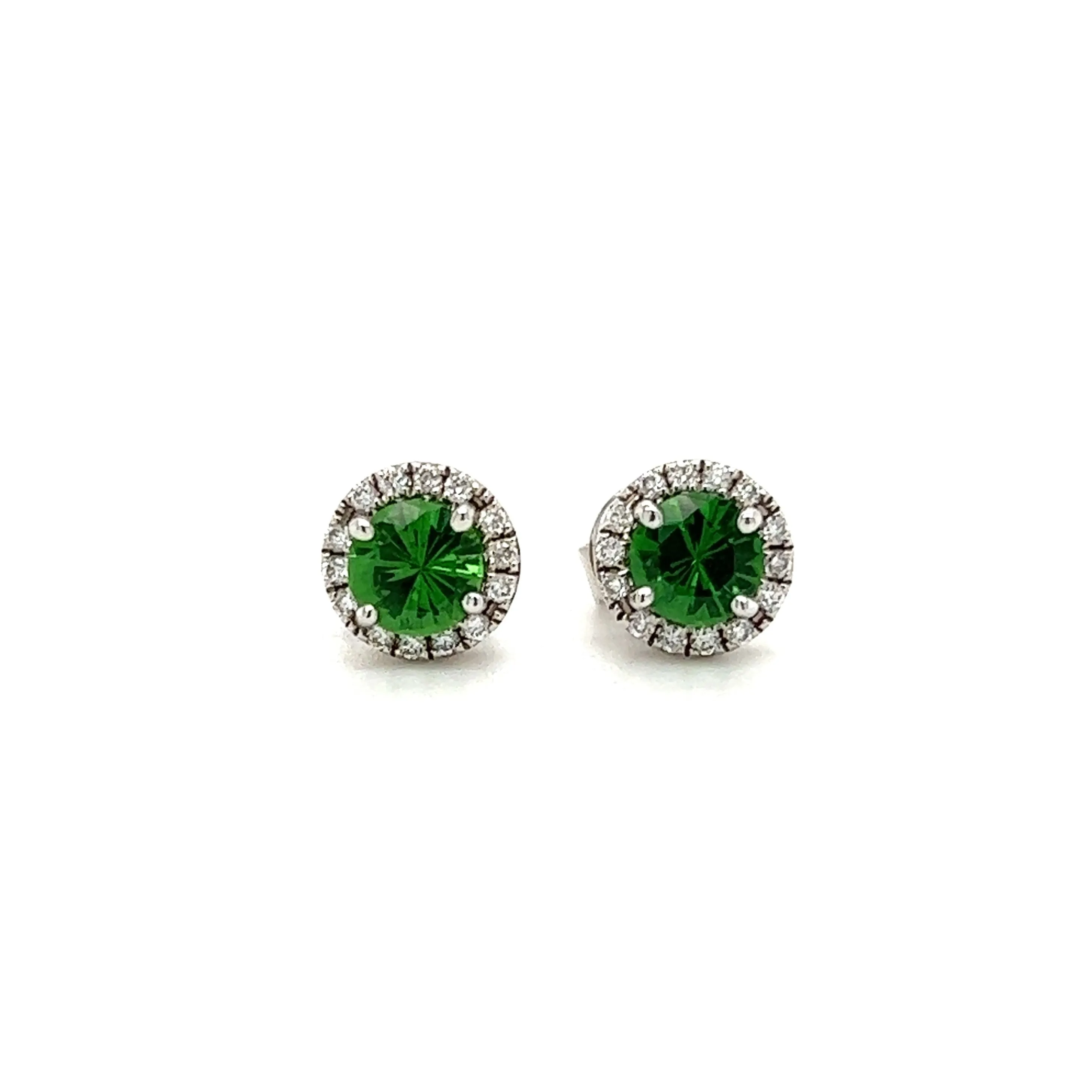 Round Tsavorite Stud Earrings with Diamonds Halo in 14K White Gold