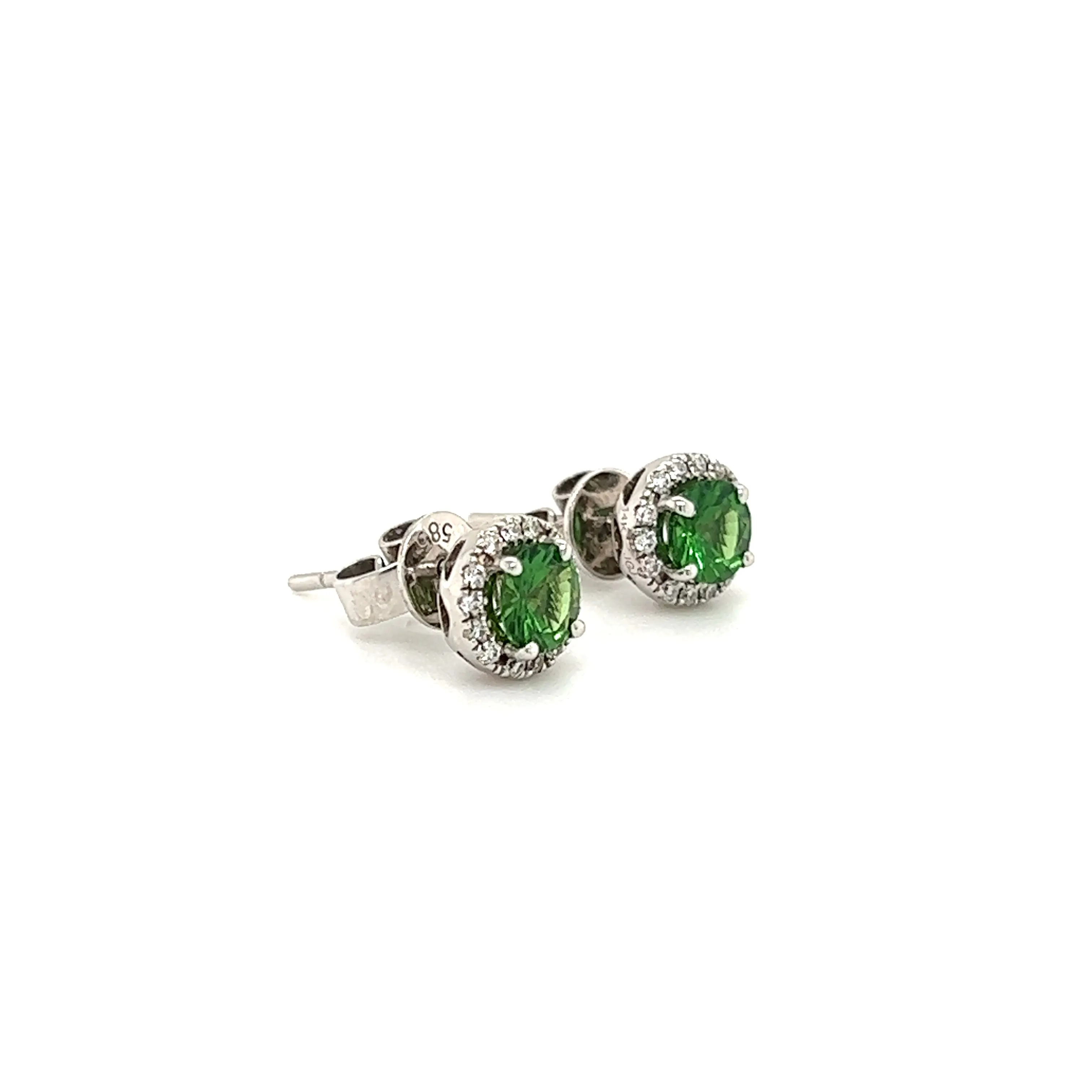 Round Tsavorite Stud Earrings with Diamonds Halo in 14K White Gold