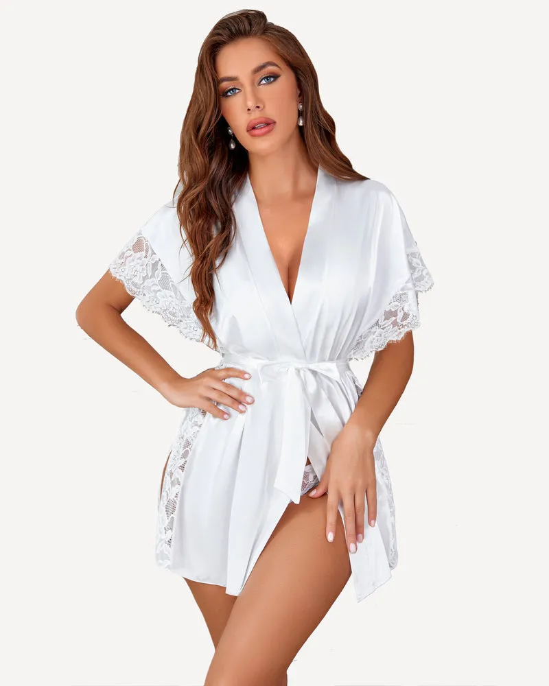 Satin Eyelash Lace Kimono Side Split Silk Robes