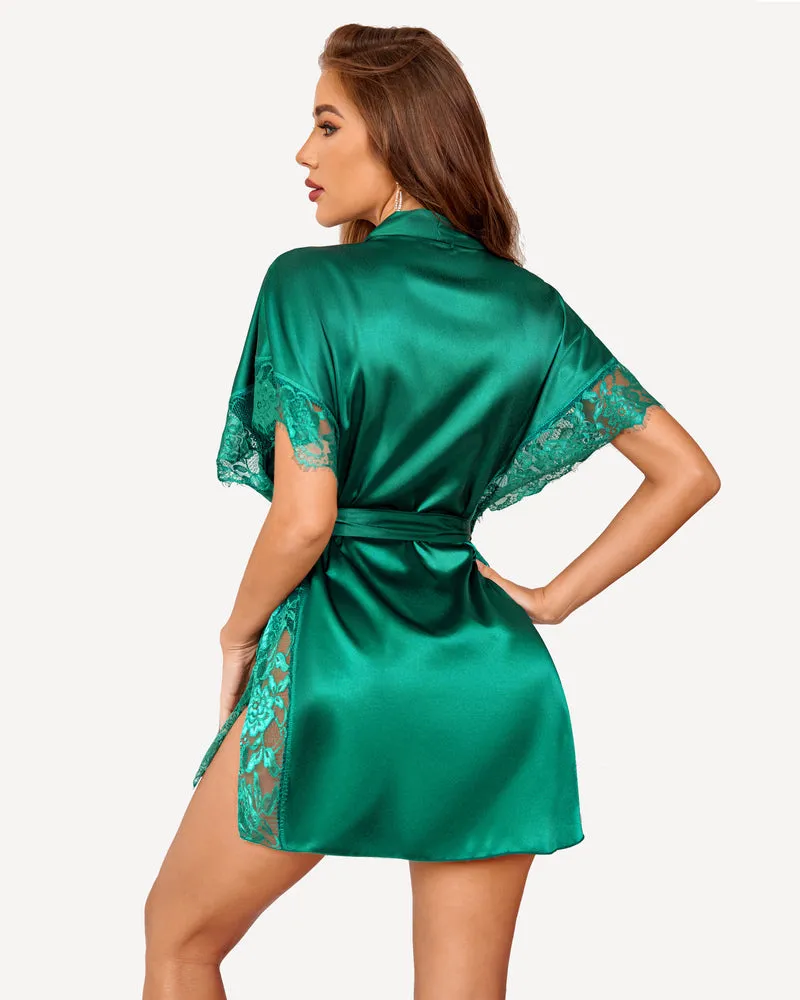 Satin Eyelash Lace Kimono Side Split Silk Robes