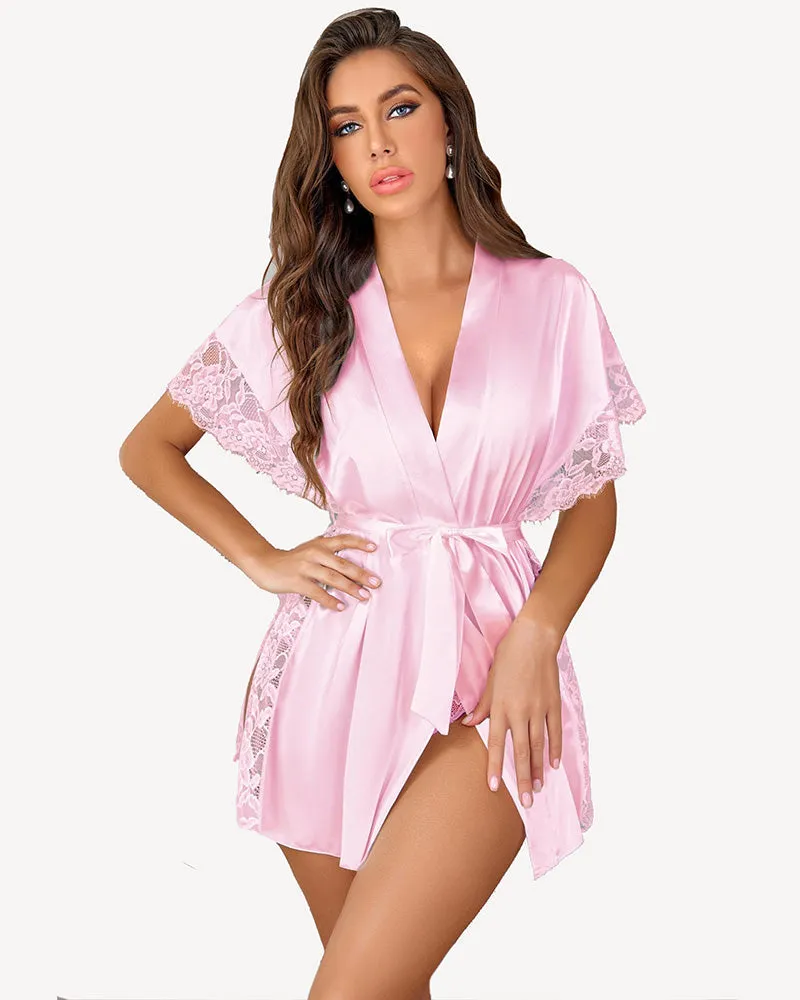 Satin Eyelash Lace Kimono Side Split Silk Robes