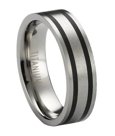 Satin Finished Titanium Wedding Ring with Two Black Bands | 6mm