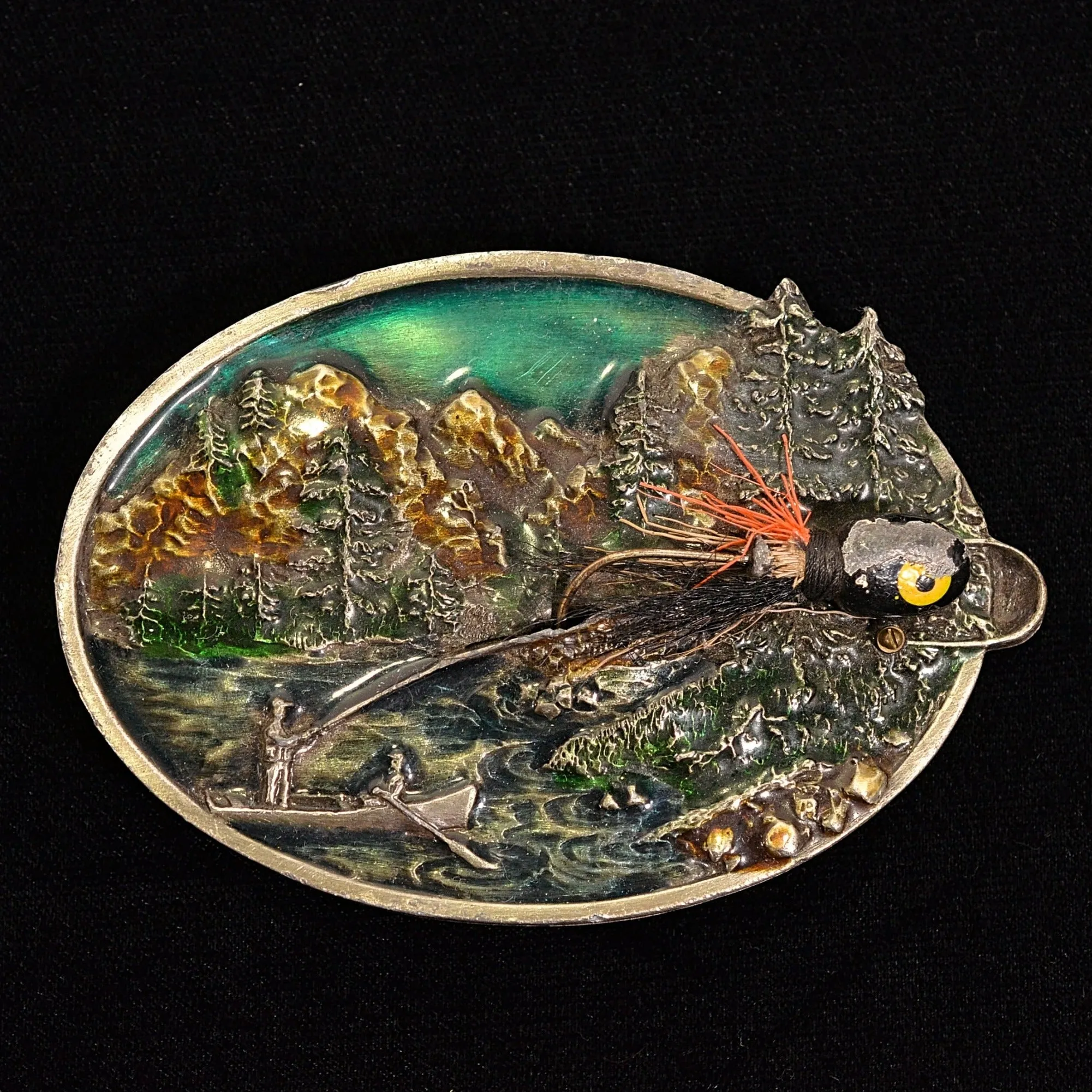 SOLD Vintage 80s Bergamot Brass Works Fishing Fisherman Lure Kitsch Belt Buckle