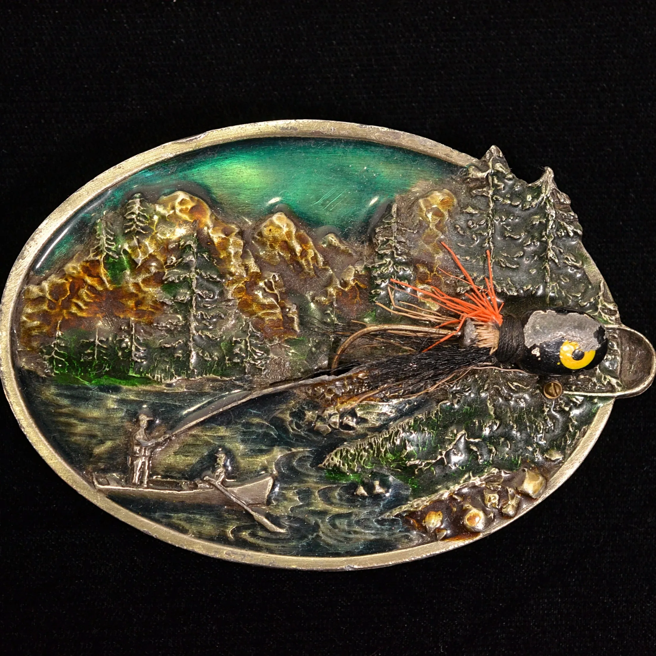 SOLD Vintage 80s Bergamot Brass Works Fishing Fisherman Lure Kitsch Belt Buckle