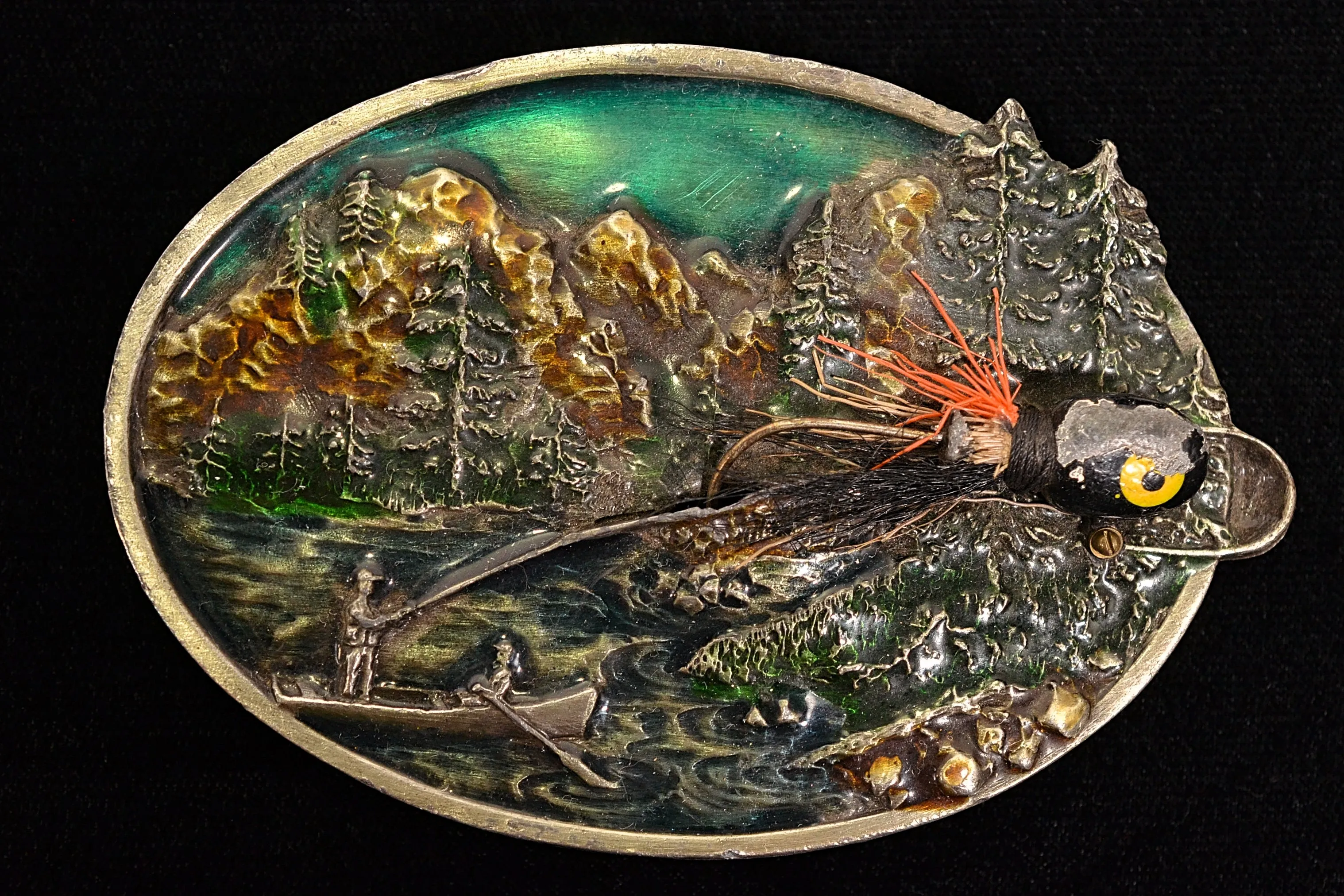 SOLD Vintage 80s Bergamot Brass Works Fishing Fisherman Lure Kitsch Belt Buckle