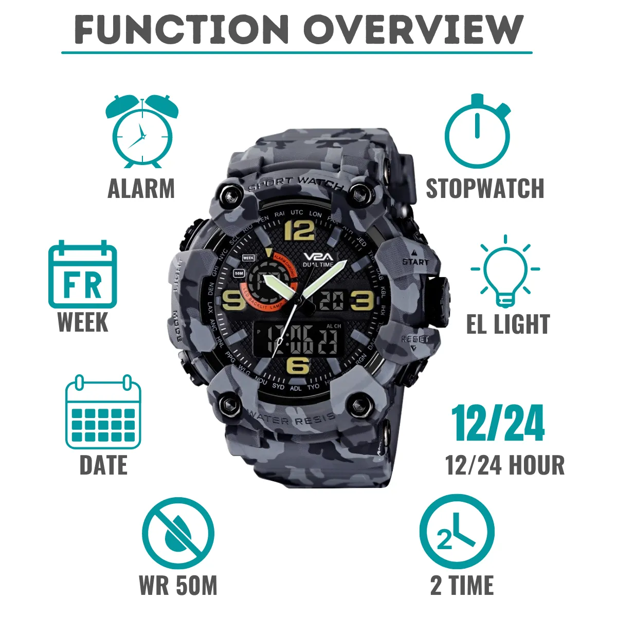 V2A Military Tactical Camouflage Analog Digital 50M Waterproof Sports Watches for Men