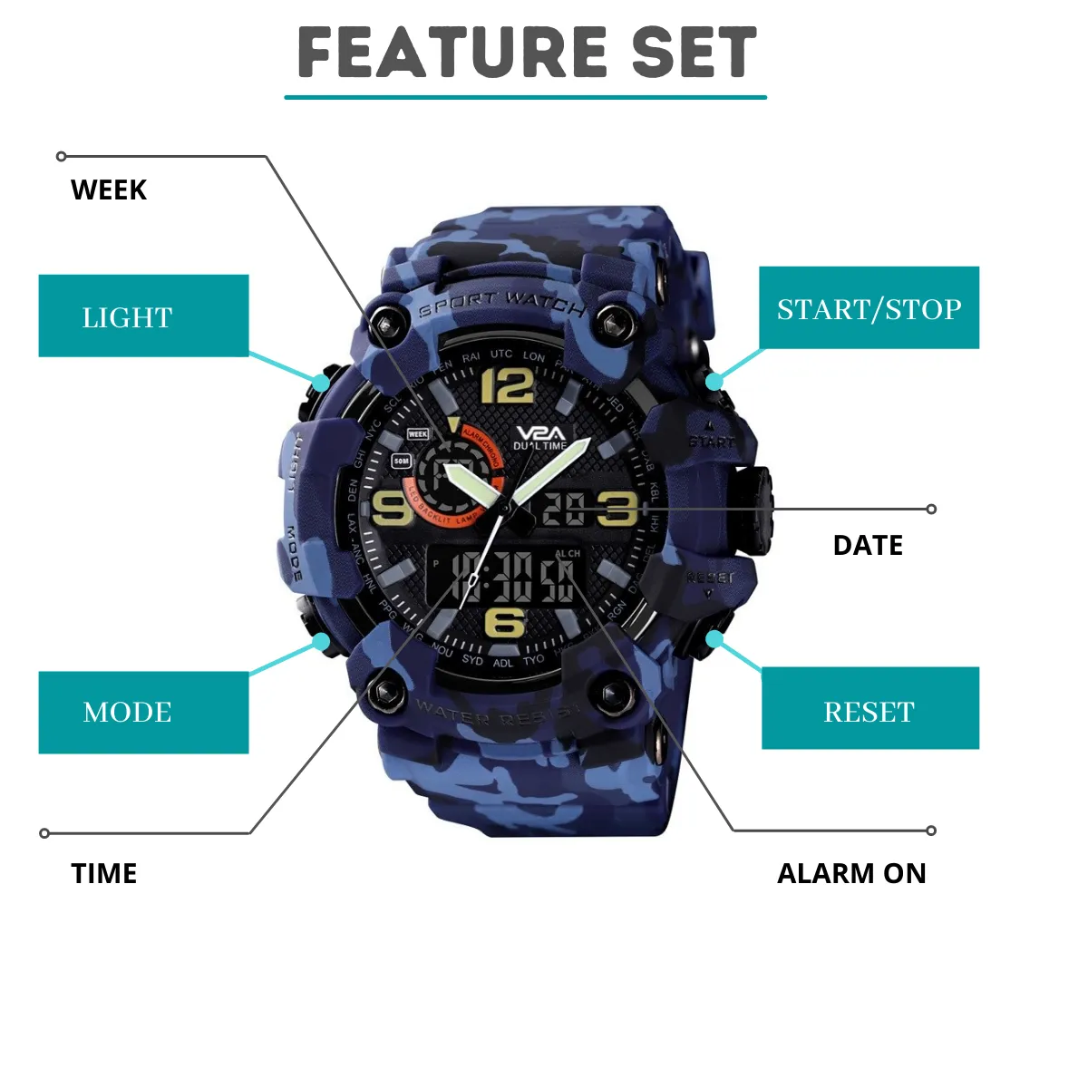 V2A Military Tactical Camouflage Analog Digital 50M Waterproof Sports Watches for Men