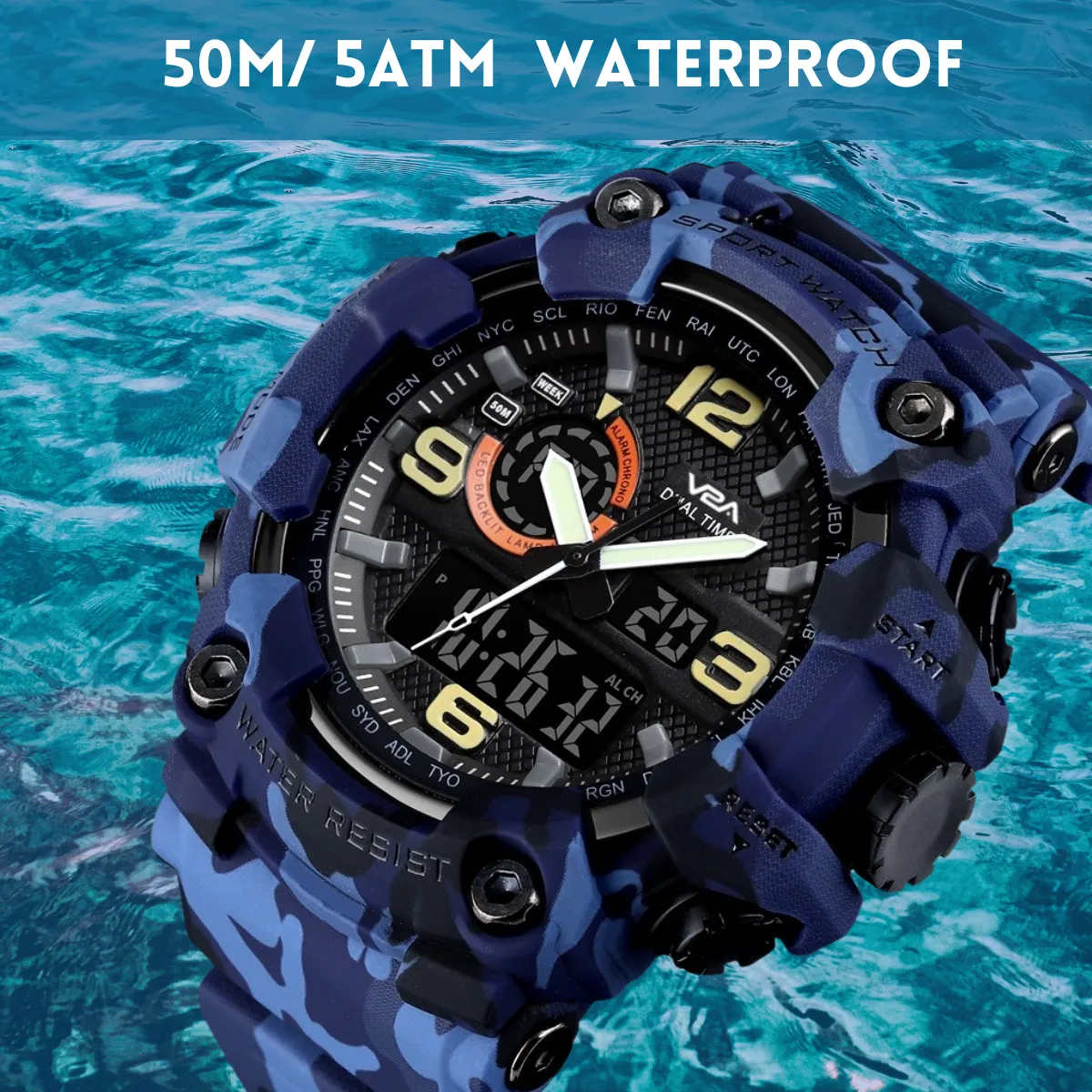 V2A Military Tactical Camouflage Analog Digital 50M Waterproof Sports Watches for Men