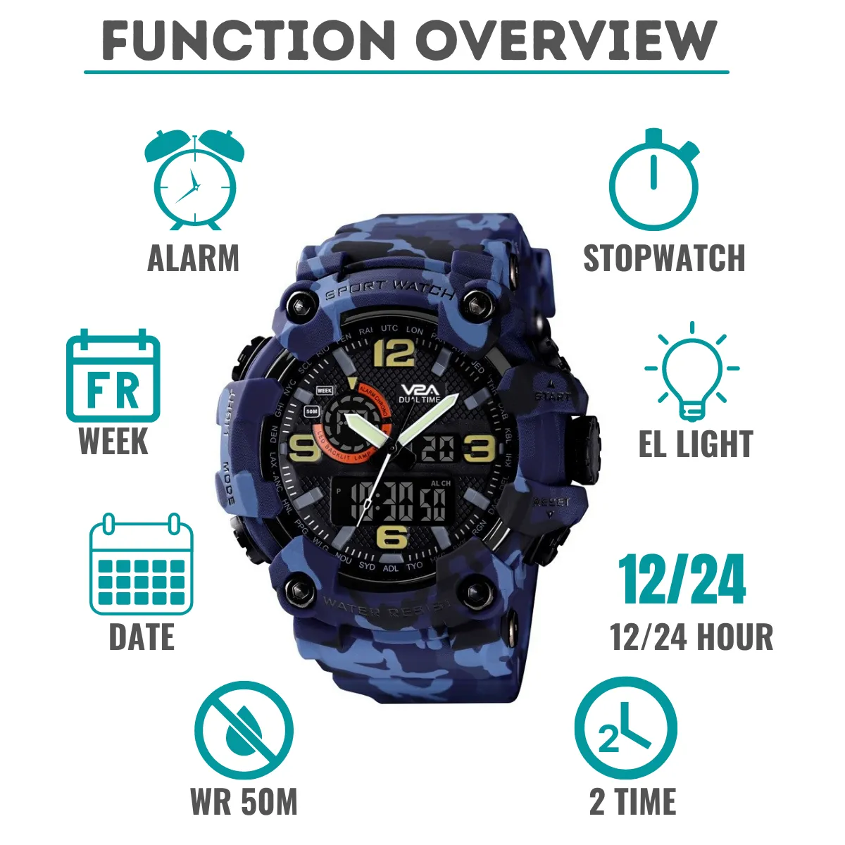 V2A Military Tactical Camouflage Analog Digital 50M Waterproof Sports Watches for Men