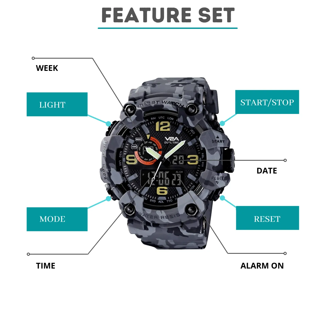 V2A Military Tactical Camouflage Analog Digital 50M Waterproof Sports Watches for Men