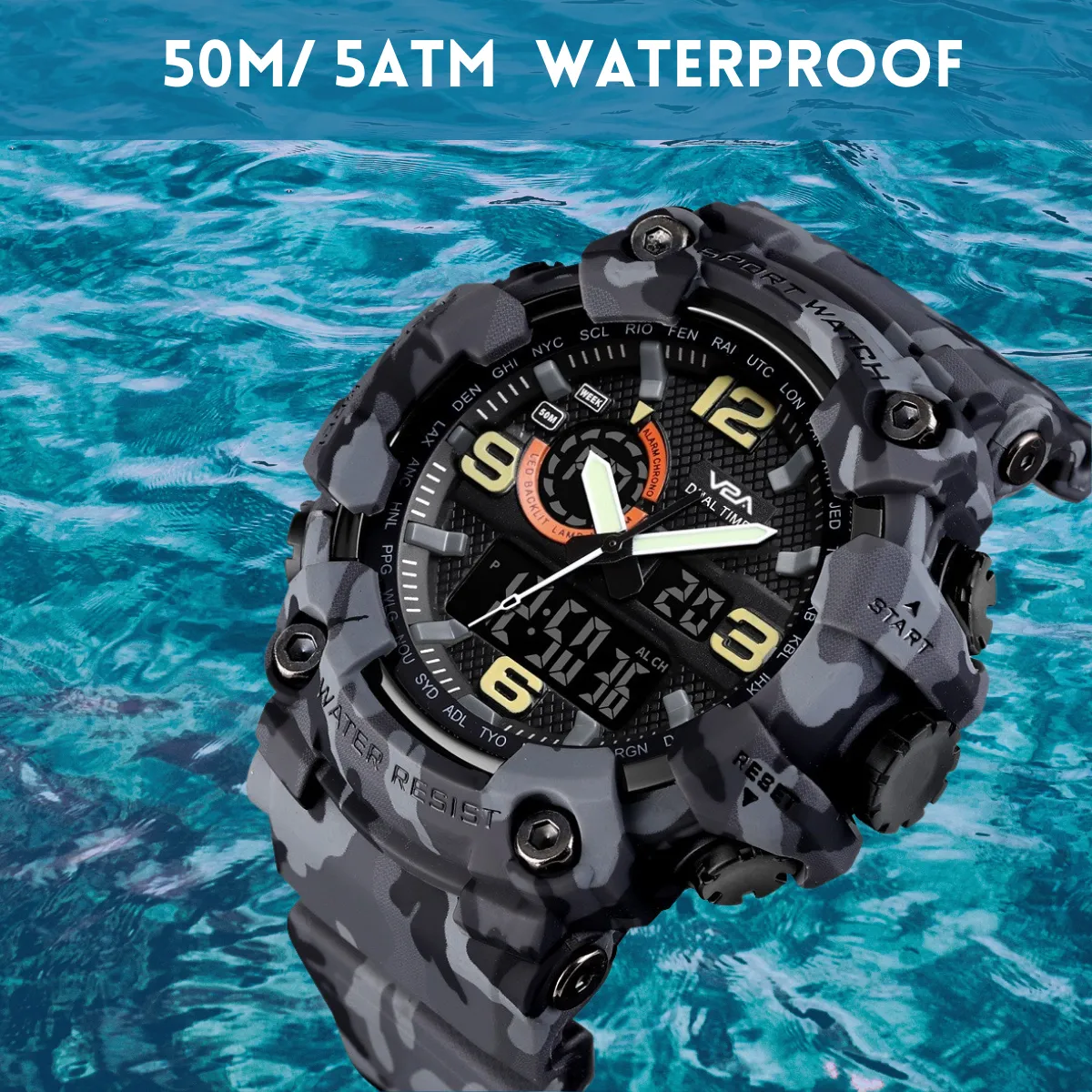 V2A Military Tactical Camouflage Analog Digital 50M Waterproof Sports Watches for Men