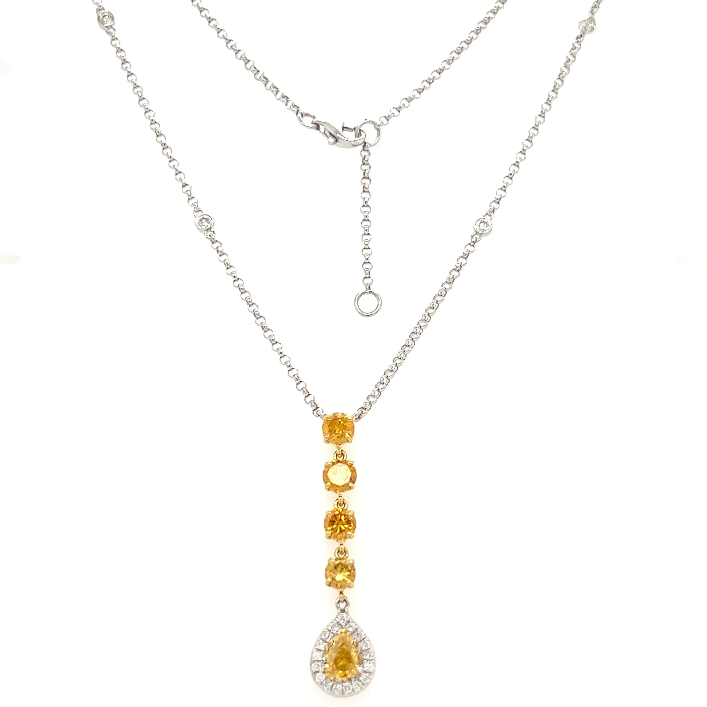 Yellow Diamond Necklace with Twenty One Diamonds in 18K White Gold