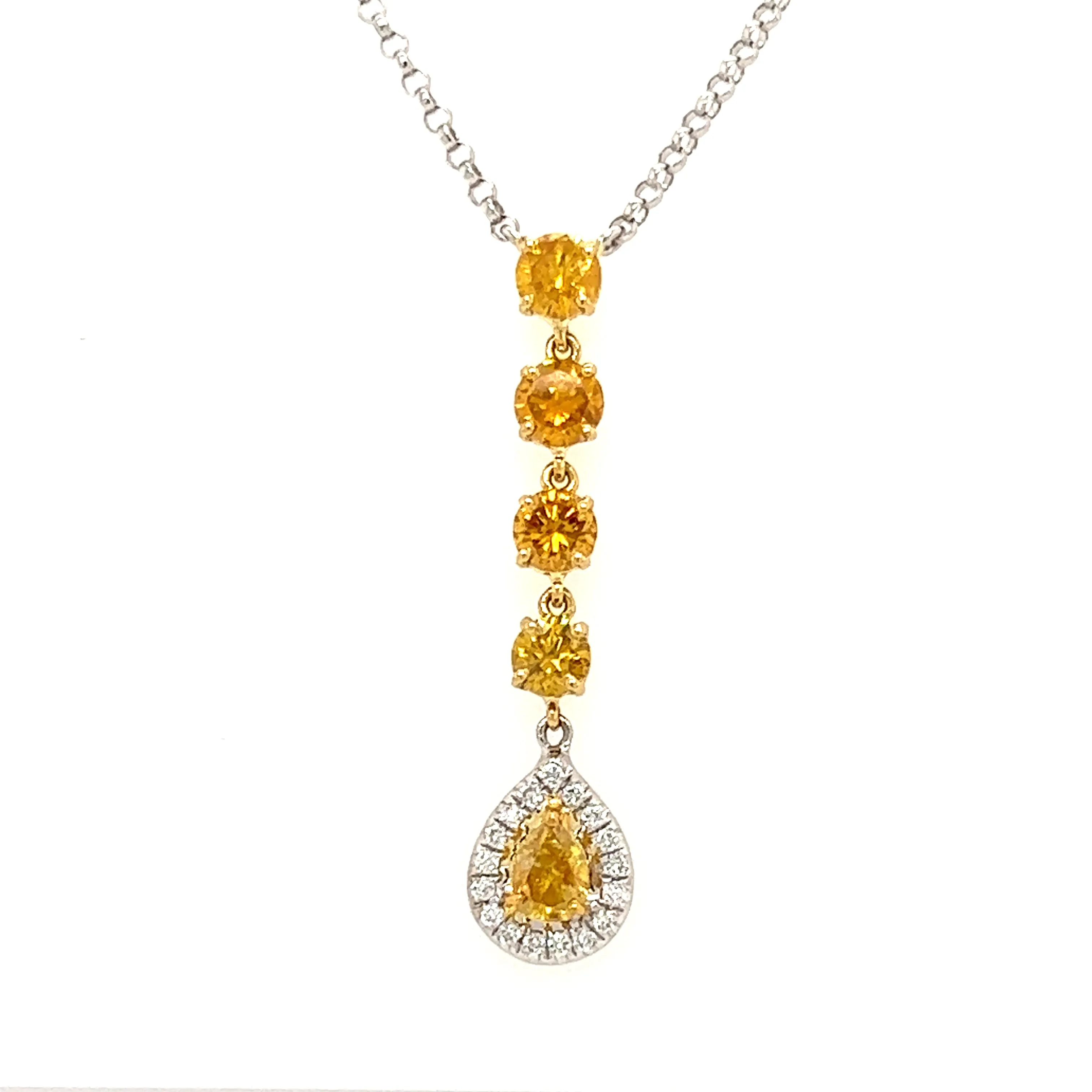 Yellow Diamond Necklace with Twenty One Diamonds in 18K White Gold